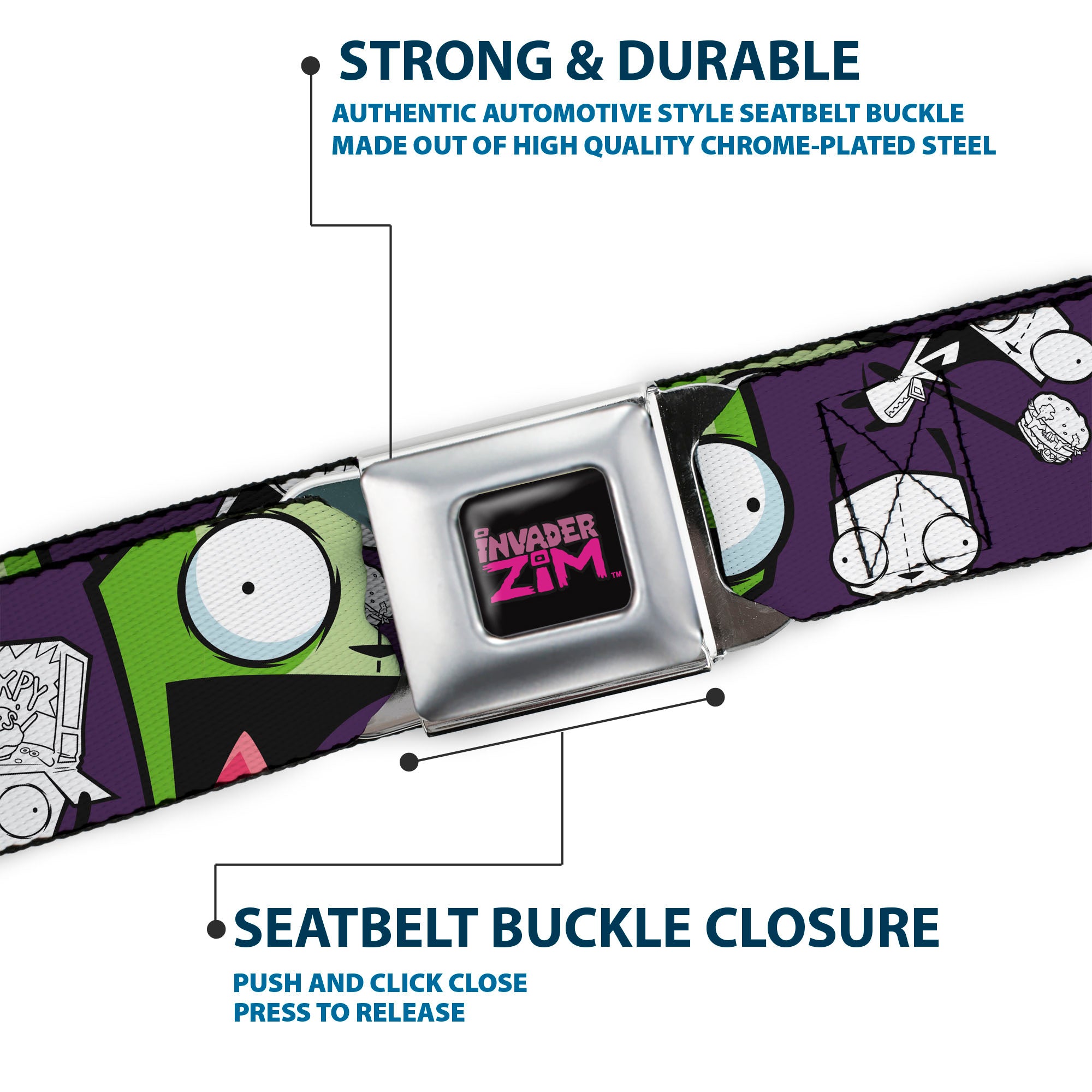 INVADER ZIM Title Logo Full Color Pink/Green Seatbelt Belt - Invader Zim GIR Poses and Sketch Purple Webbing Seatbelt Belts Invader Zim
