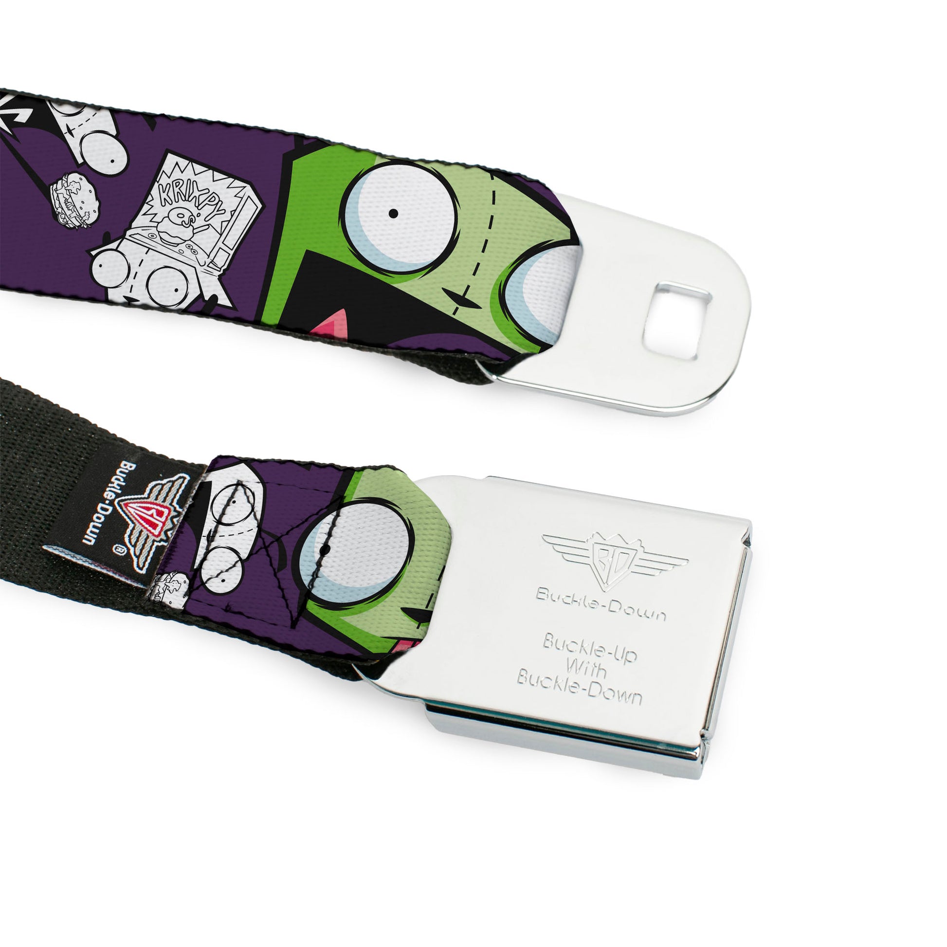 INVADER ZIM Title Logo Full Color Pink/Green Seatbelt Belt - Invader Zim GIR Poses and Sketch Purple Webbing Seatbelt Belts Invader Zim