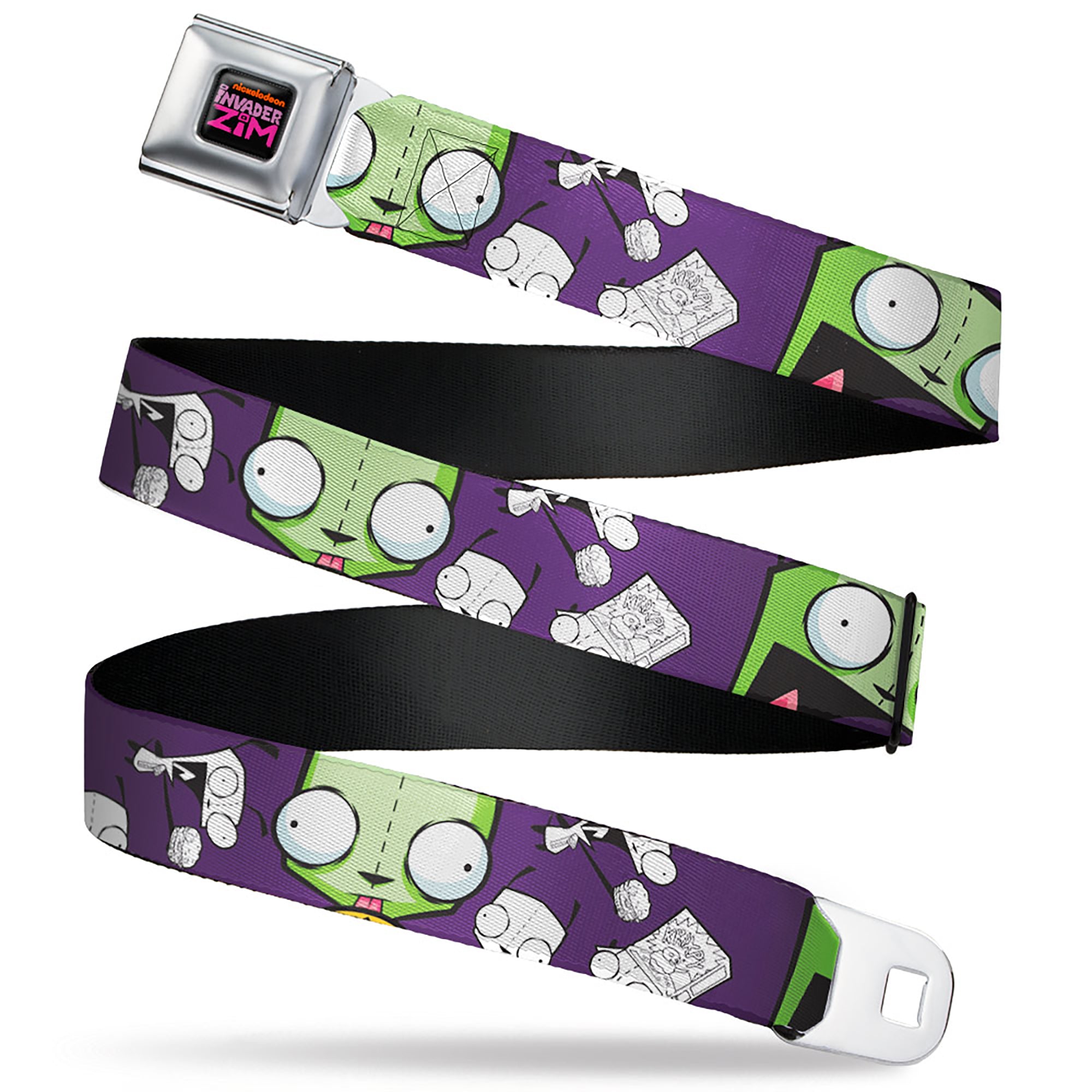 INVADER ZIM Title Logo Full Color Pink/Green Seatbelt Belt - Invader Zim GIR Poses and Sketch Purple Webbing Seatbelt Belts Invader Zim
