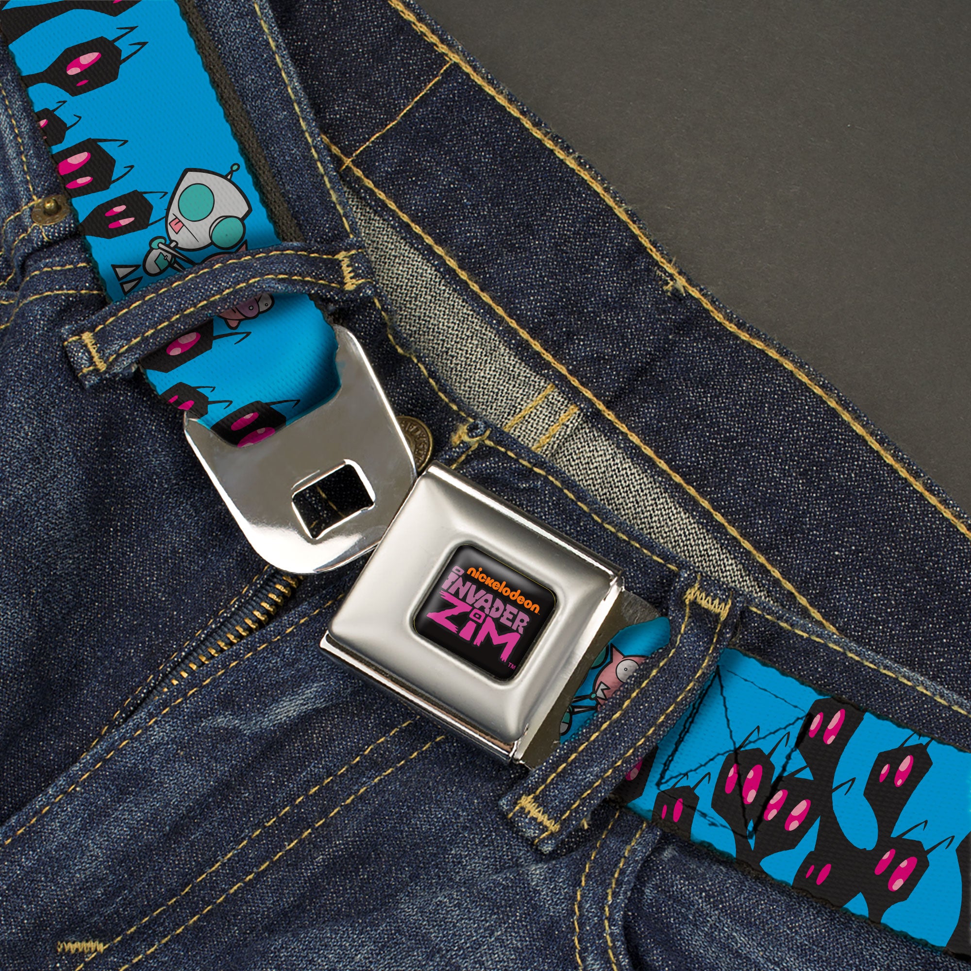 INVADER ZIM Title Logo Full Color Pink/Green Seatbelt Belt - Invader Zim GIR and Piggy Rule the World Poses Blue Webbing Seatbelt Belts Invader Zim