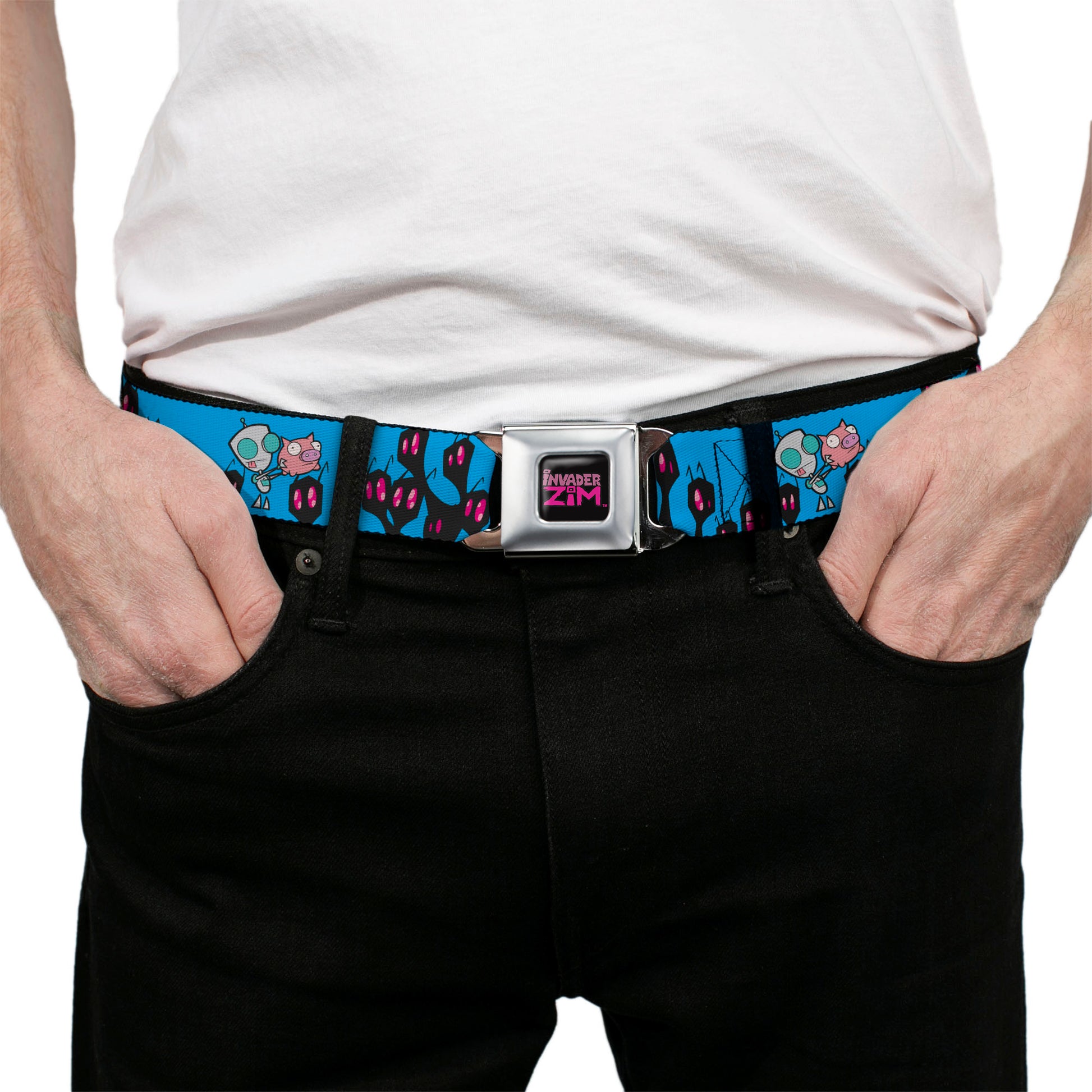 INVADER ZIM Title Logo Full Color Pink/Green Seatbelt Belt - Invader Zim GIR and Piggy Rule the World Poses Blue Webbing Seatbelt Belts Invader Zim