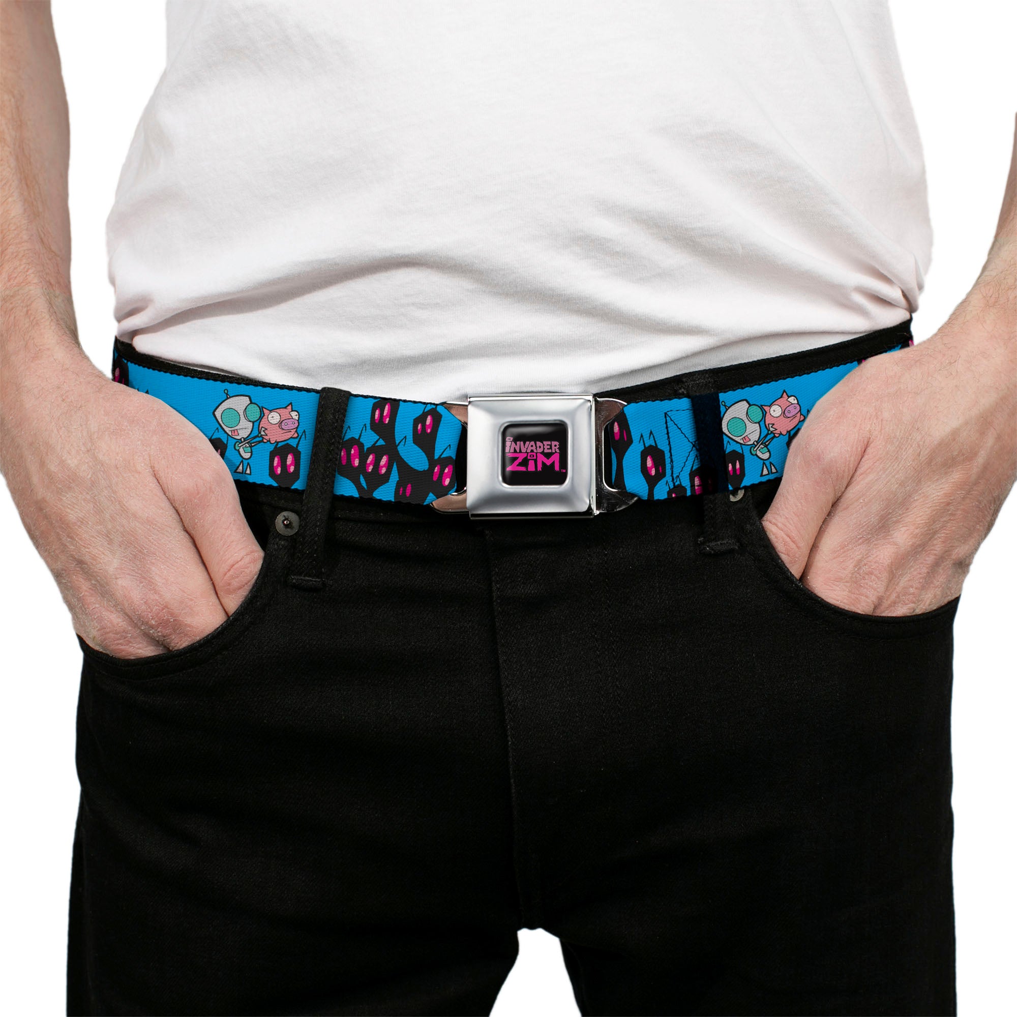 INVADER ZIM Title Logo Full Color Pink/Green Seatbelt Belt - Invader Zim GIR and Piggy Rule the World Poses Blue Webbing Seatbelt Belts Invader Zim