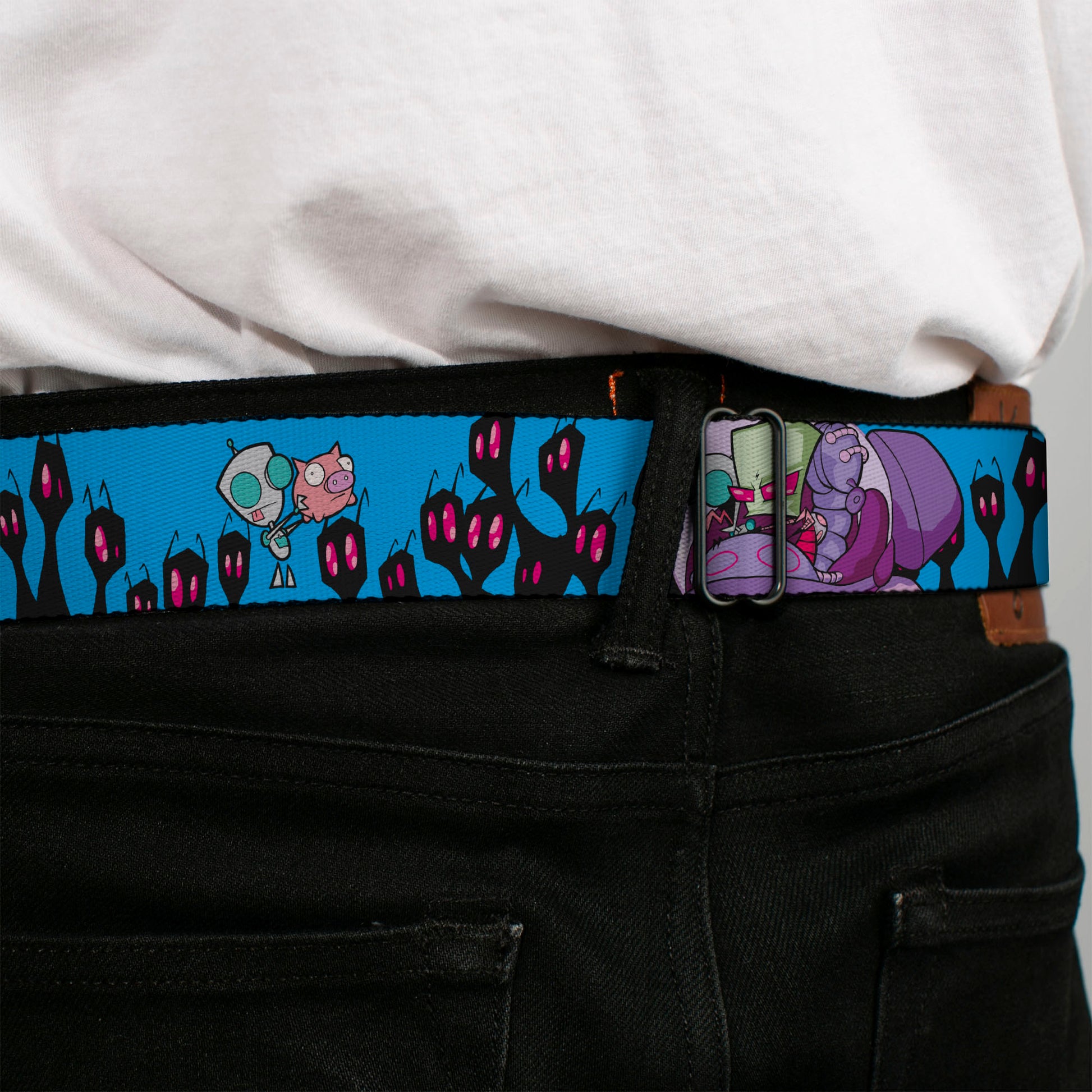 INVADER ZIM Title Logo Full Color Pink/Green Seatbelt Belt - Invader Zim GIR and Piggy Rule the World Poses Blue Webbing Seatbelt Belts Invader Zim