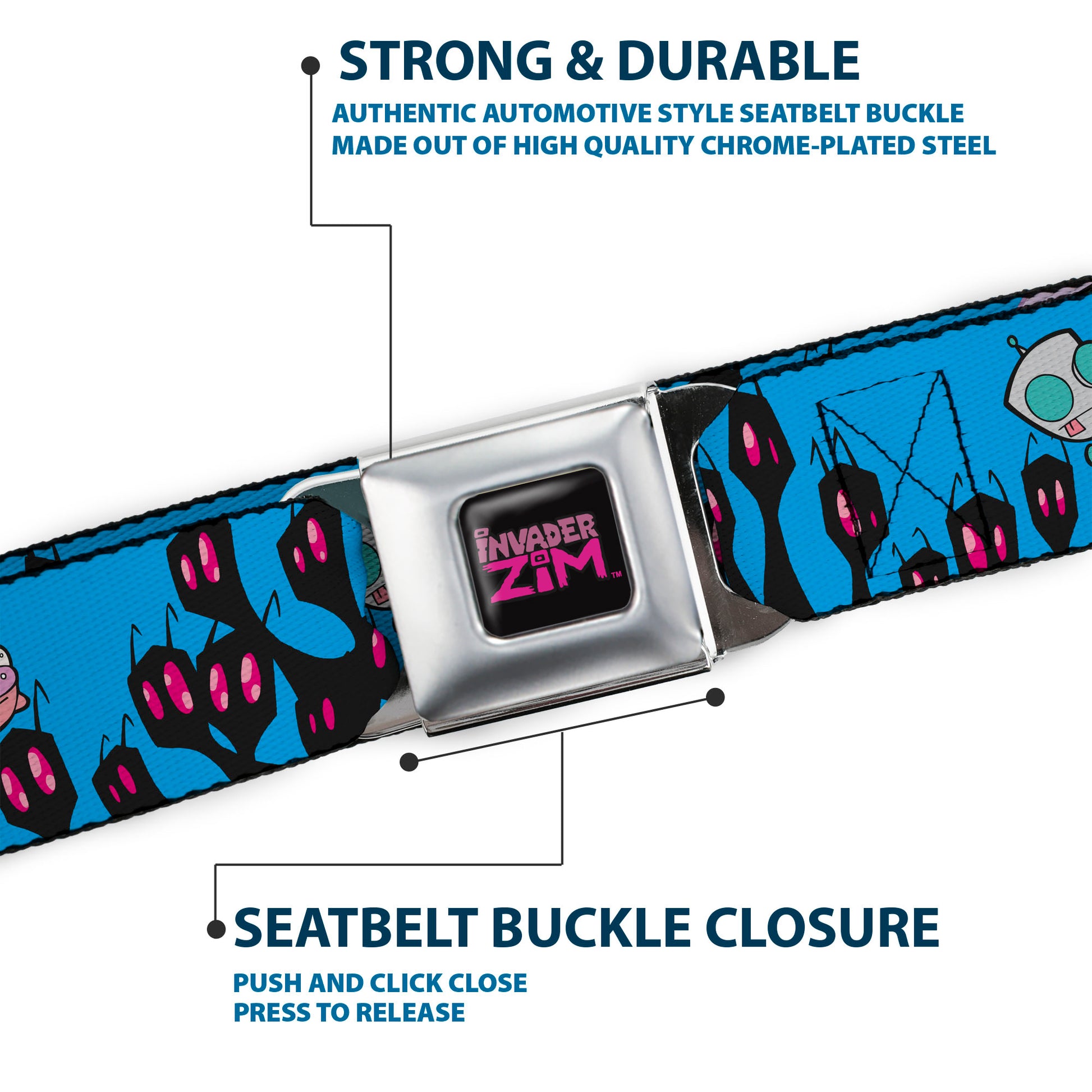 INVADER ZIM Title Logo Full Color Pink/Green Seatbelt Belt - Invader Zim GIR and Piggy Rule the World Poses Blue Webbing Seatbelt Belts Invader Zim
