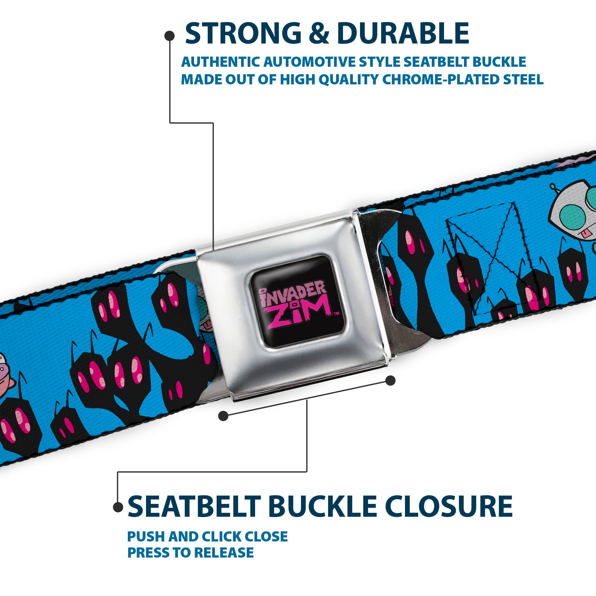 INVADER ZIM Title Logo Full Color Pink/Green Seatbelt Belt - Invader Zim GIR and Piggy Rule the World Poses Blue Webbing Seatbelt Belts Invader Zim