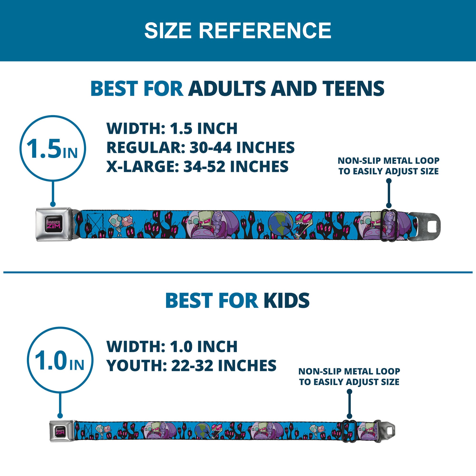 INVADER ZIM Title Logo Full Color Pink/Green Seatbelt Belt - Invader Zim GIR and Piggy Rule the World Poses Blue Webbing Seatbelt Belts Invader Zim