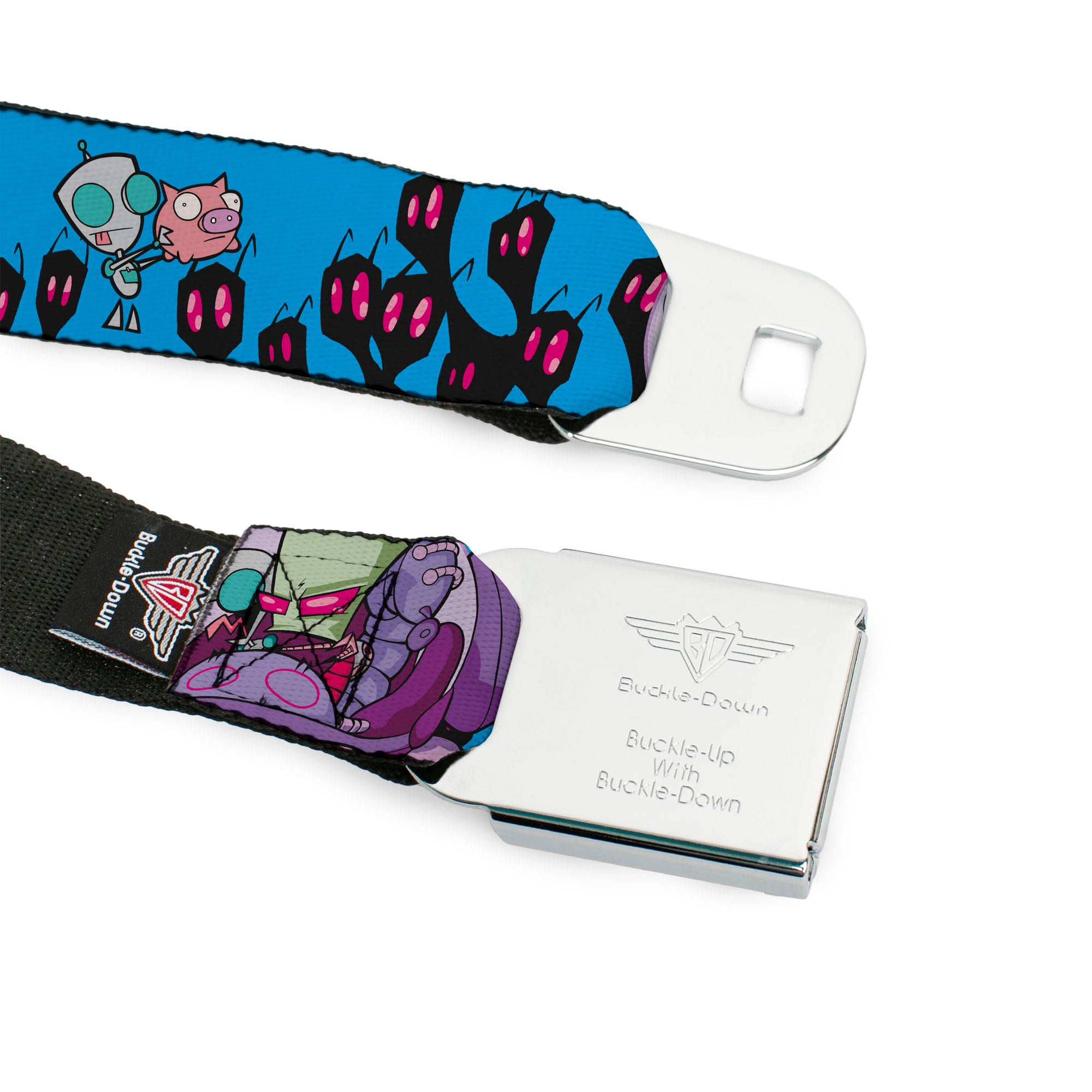 INVADER ZIM Title Logo Full Color Pink/Green Seatbelt Belt - Invader Zim GIR and Piggy Rule the World Poses Blue Webbing Seatbelt Belts Invader Zim