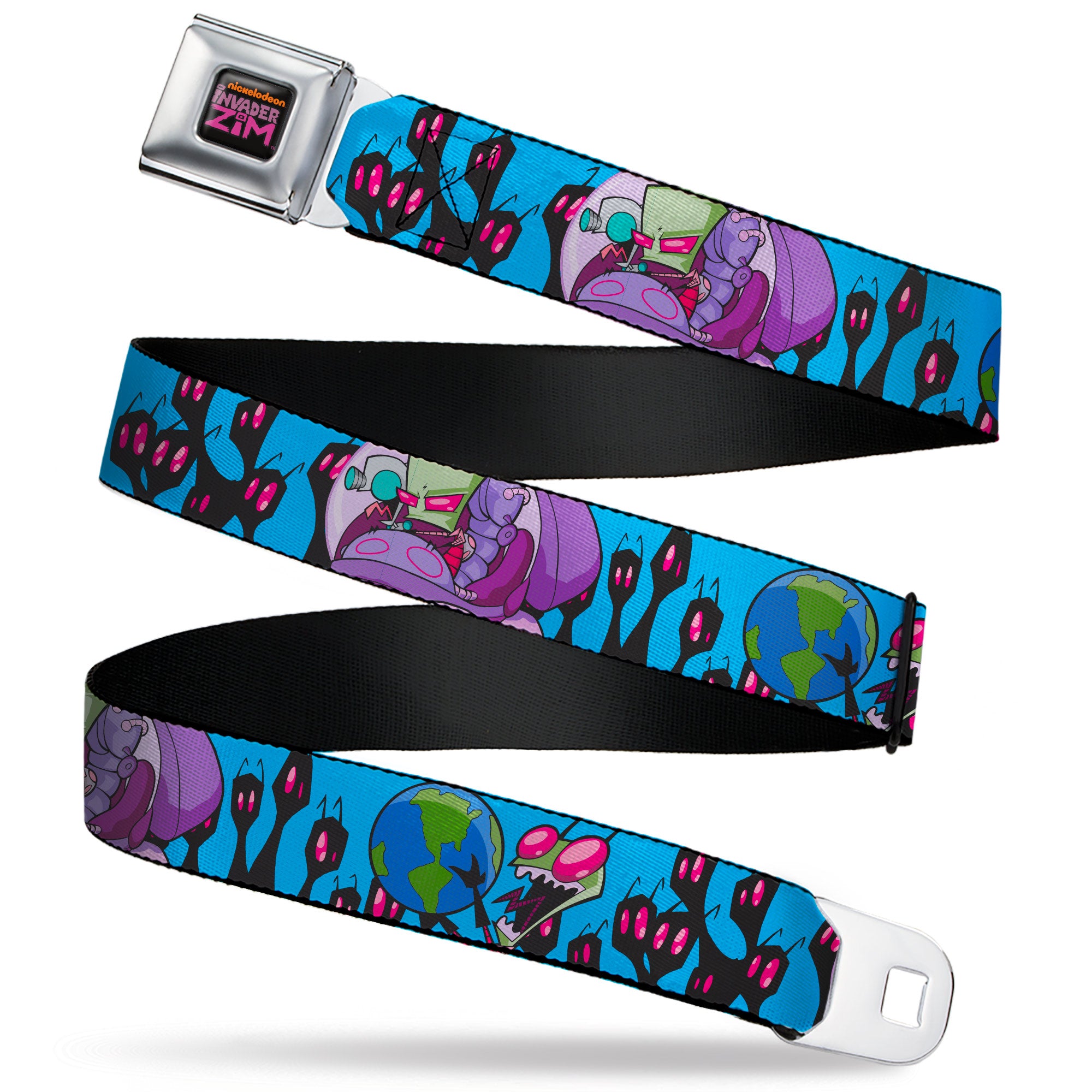 INVADER ZIM Title Logo Full Color Pink/Green Seatbelt Belt - Invader Zim GIR and Piggy Rule the World Poses Blue Webbing Seatbelt Belts Invader Zim