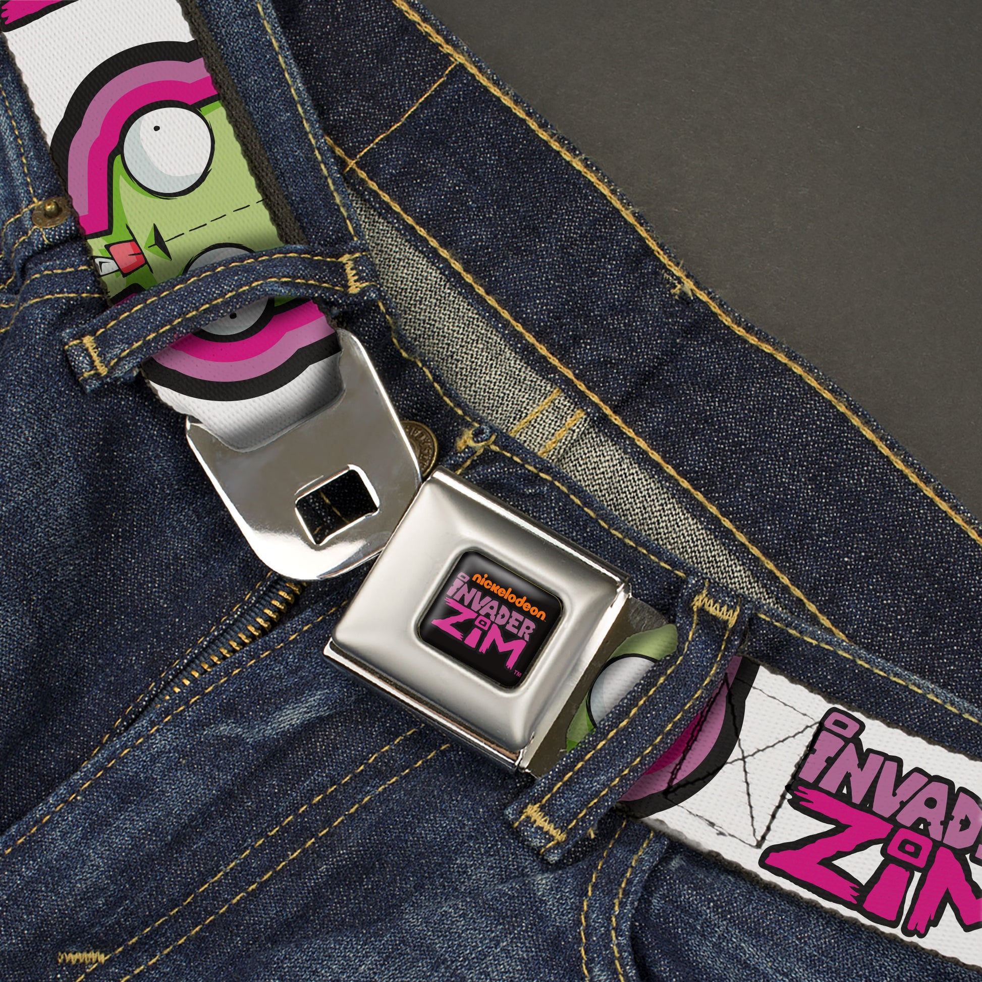 INVADER ZIM Title Logo Full Color Pink/Green Seatbelt Belt - INVADER ZIM Title Logo and GIR Pose Close-Up White/Pinks Webbing Seatbelt Belts Invader Zim