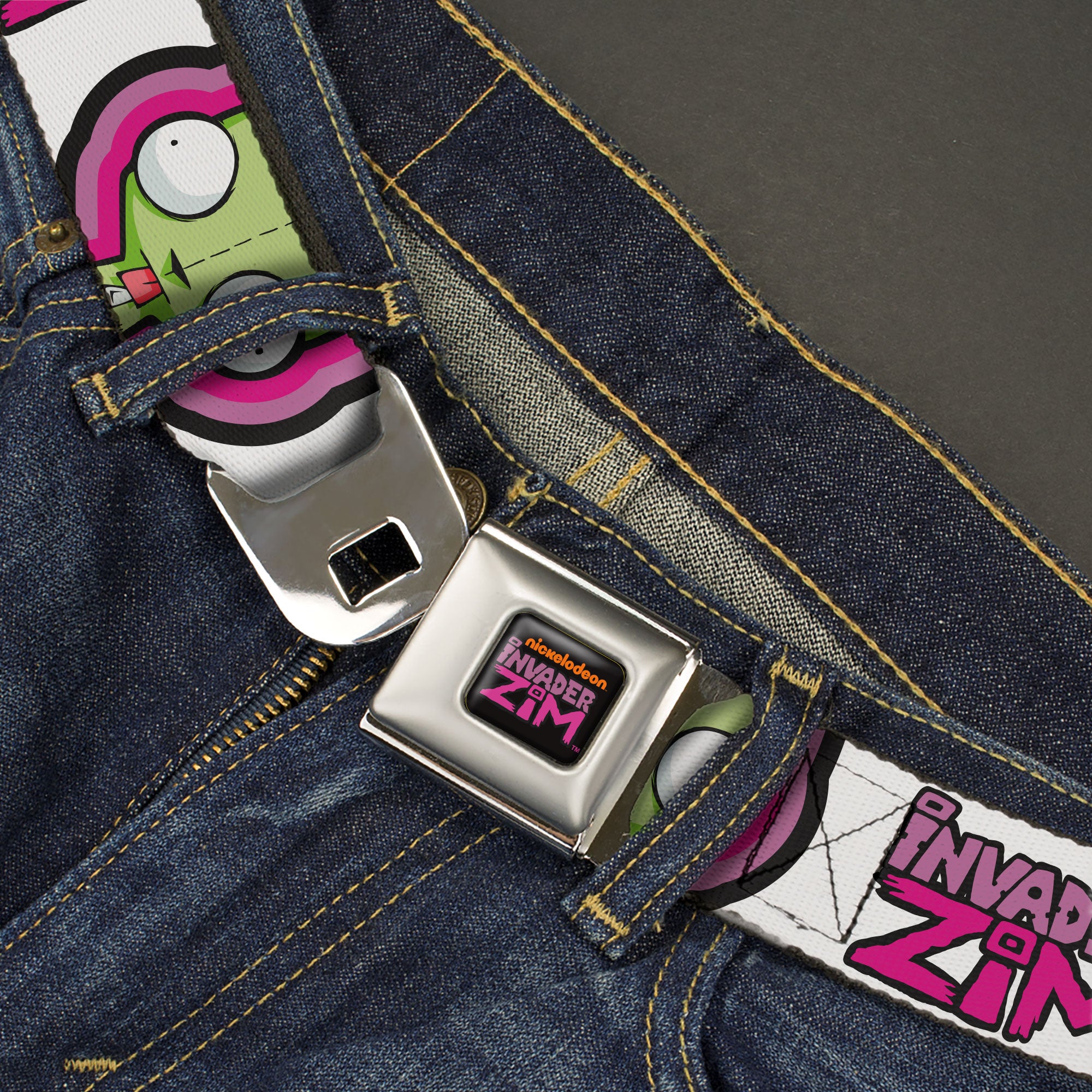 INVADER ZIM Title Logo Full Color Pink/Green Seatbelt Belt - INVADER ZIM Title Logo and GIR Pose Close-Up White/Pinks Webbing Seatbelt Belts Invader Zim