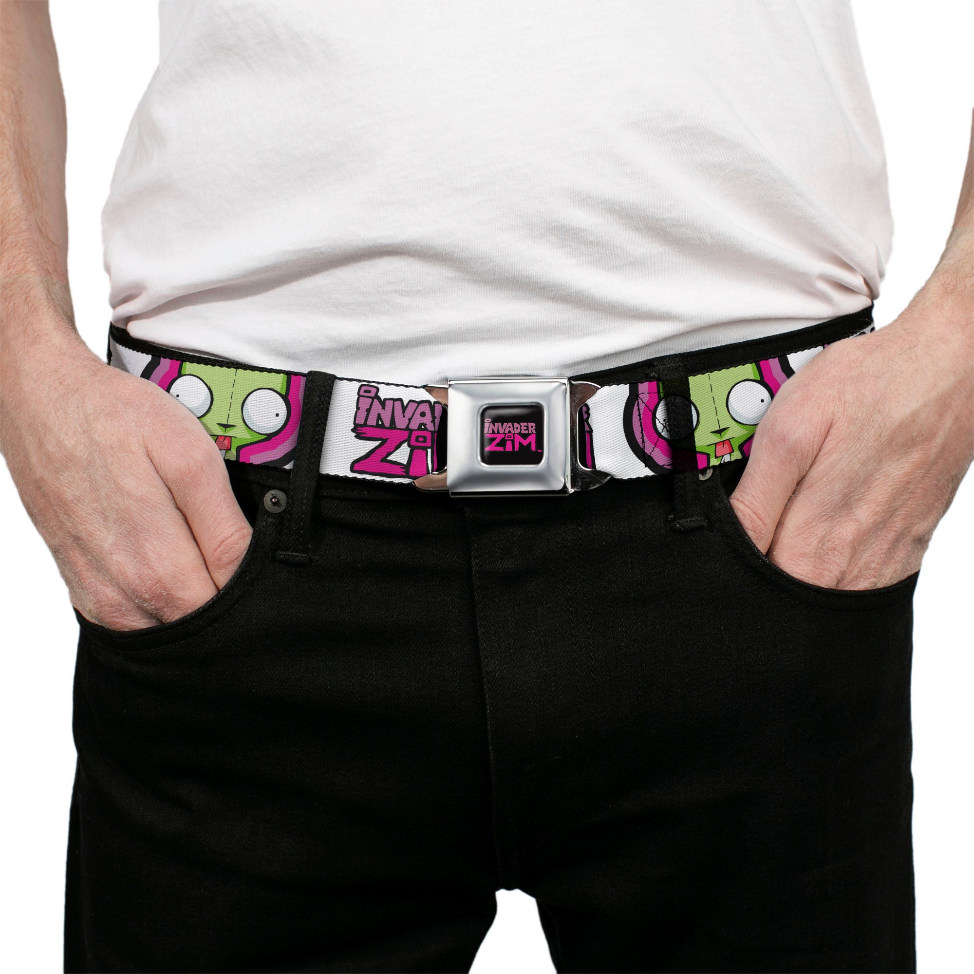 INVADER ZIM Title Logo Full Color Pink/Green Seatbelt Belt - INVADER ZIM Title Logo and GIR Pose Close-Up White/Pinks Webbing Seatbelt Belts Invader Zim