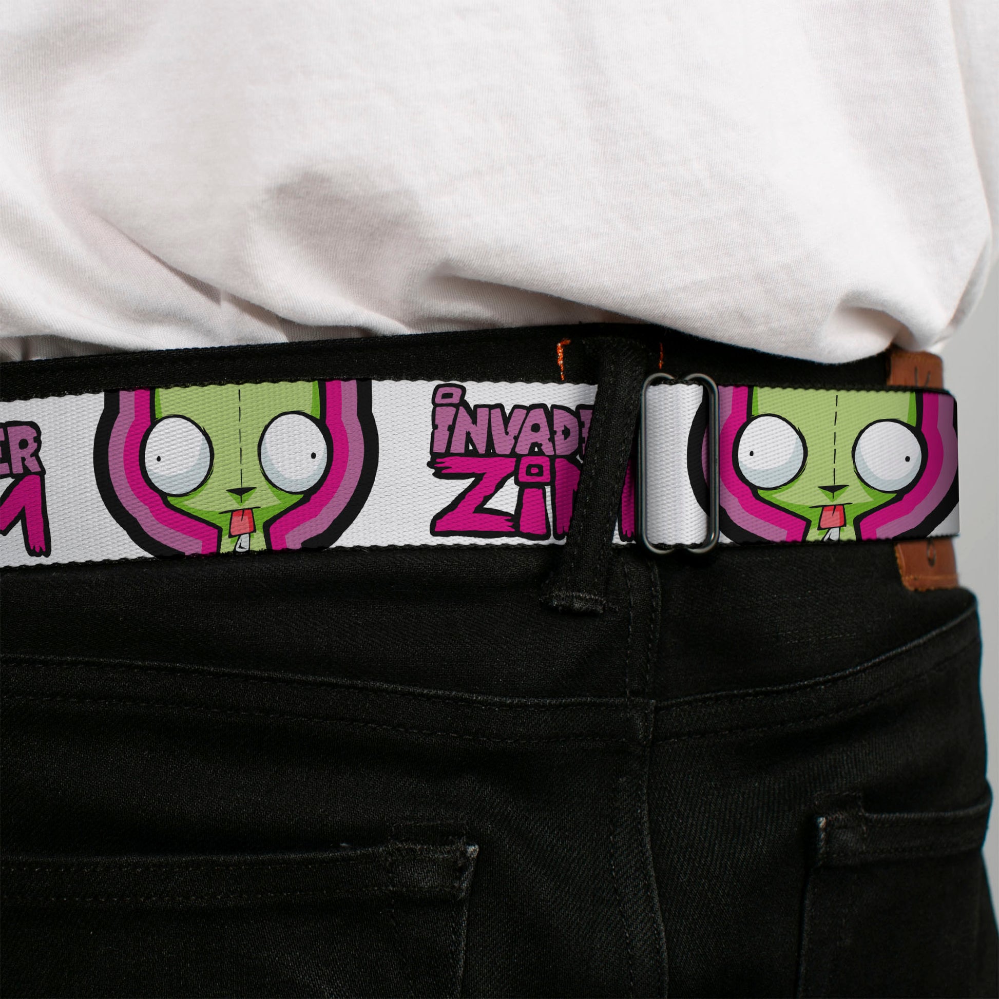 INVADER ZIM Title Logo Full Color Pink/Green Seatbelt Belt - INVADER ZIM Title Logo and GIR Pose Close-Up White/Pinks Webbing Seatbelt Belts Invader Zim
