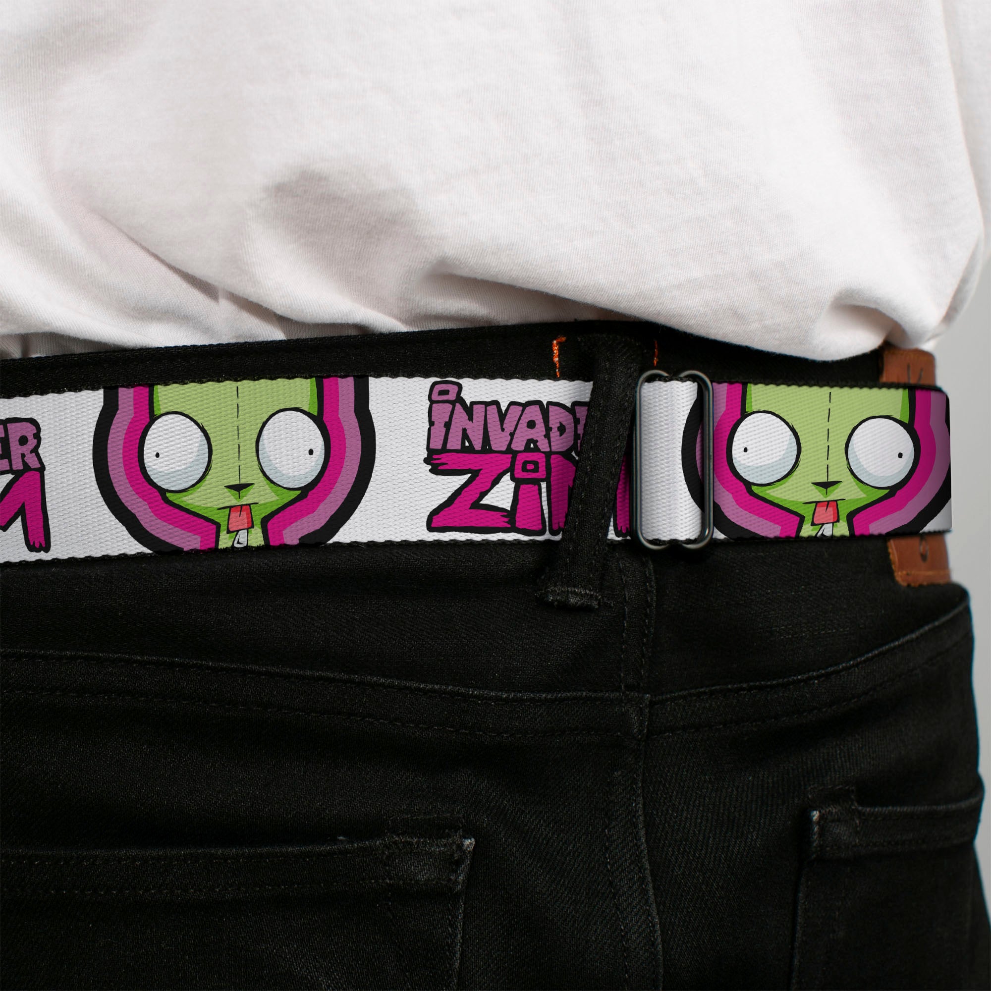 INVADER ZIM Title Logo Full Color Pink/Green Seatbelt Belt - INVADER ZIM Title Logo and GIR Pose Close-Up White/Pinks Webbing Seatbelt Belts Invader Zim