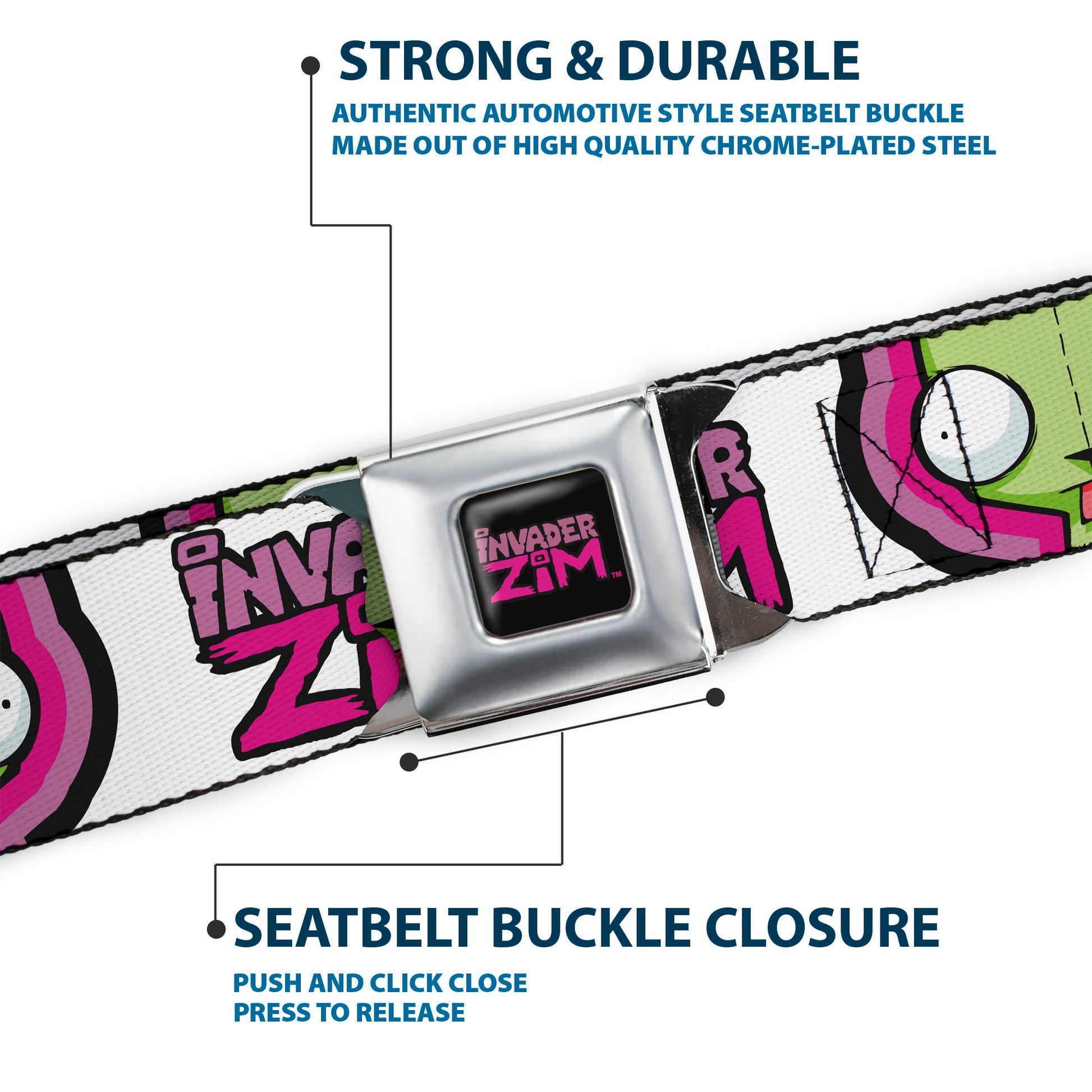 INVADER ZIM Title Logo Full Color Pink/Green Seatbelt Belt - INVADER ZIM Title Logo and GIR Pose Close-Up White/Pinks Webbing Seatbelt Belts Invader Zim