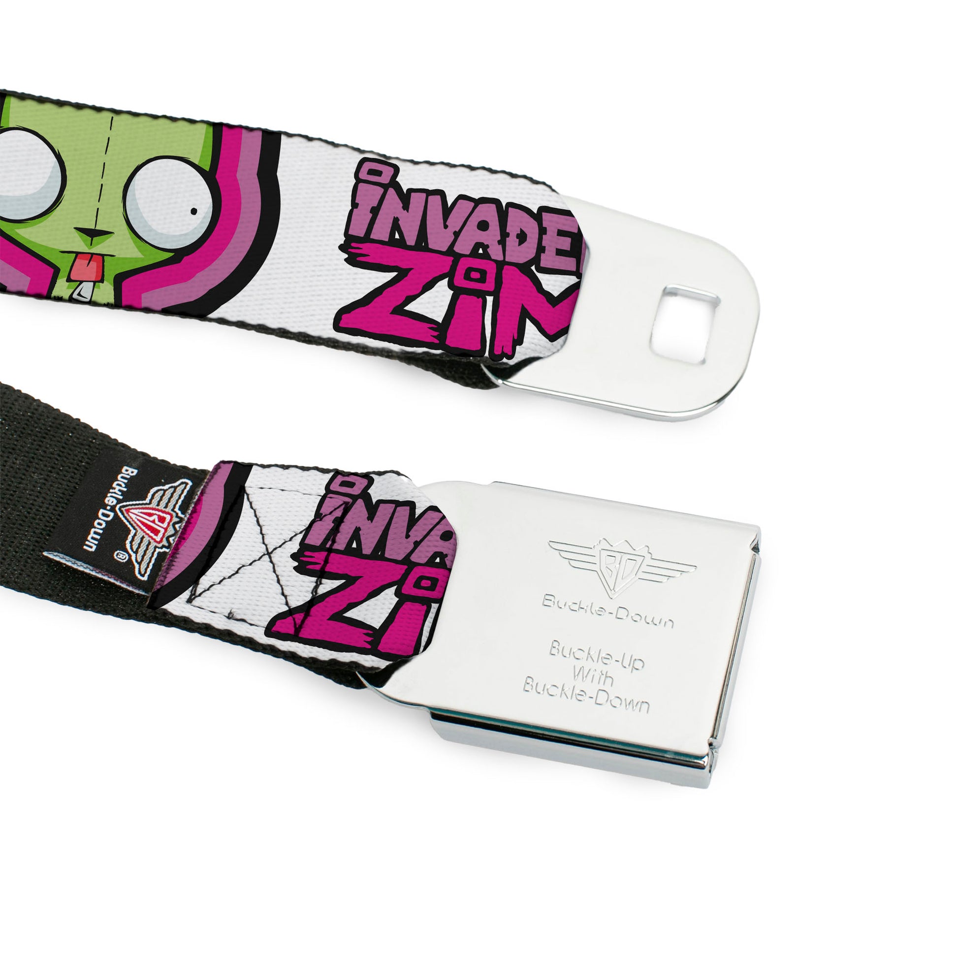 INVADER ZIM Title Logo Full Color Pink/Green Seatbelt Belt - INVADER ZIM Title Logo and GIR Pose Close-Up White/Pinks Webbing Seatbelt Belts Invader Zim