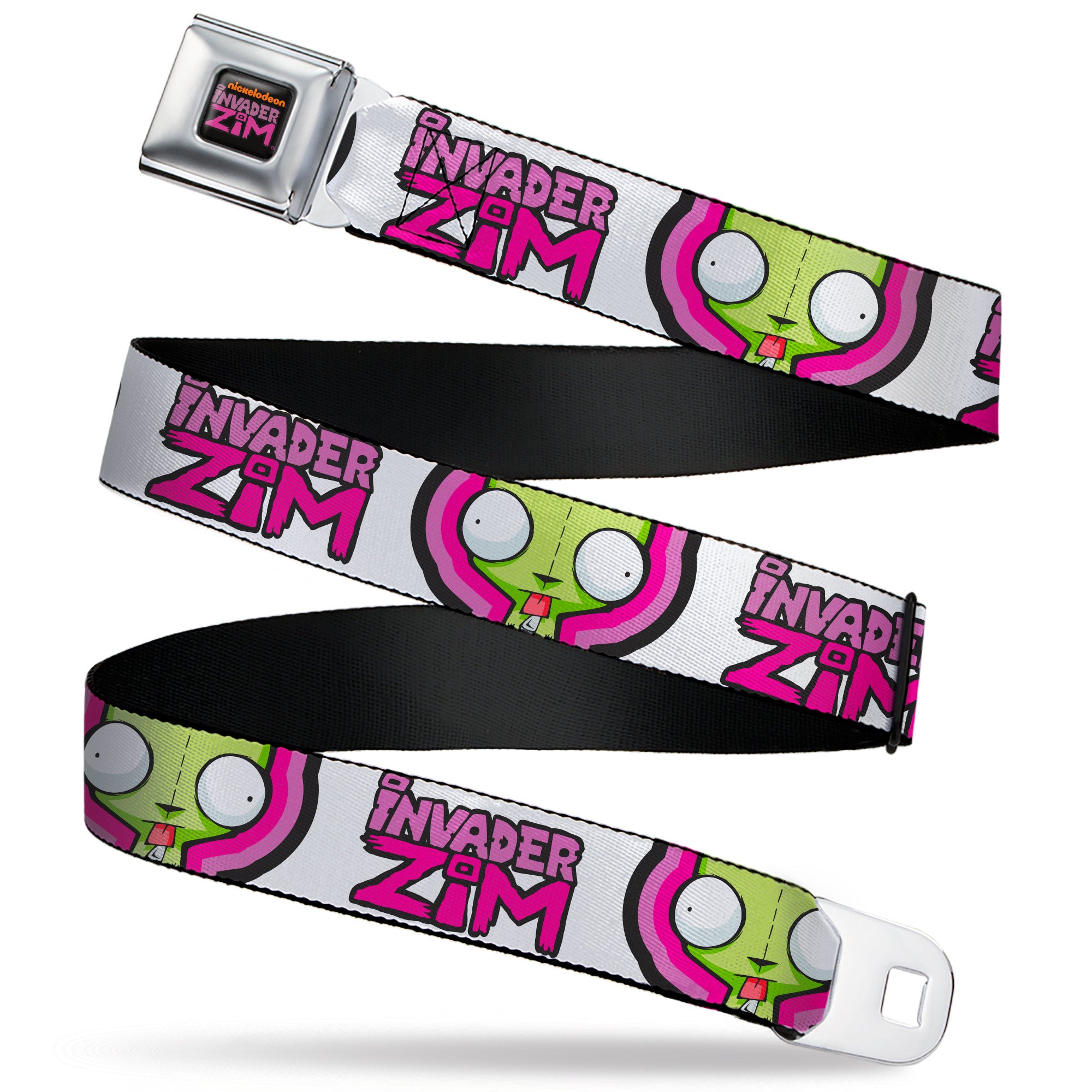 INVADER ZIM Title Logo Full Color Pink/Green Seatbelt Belt - INVADER ZIM Title Logo and GIR Pose Close-Up White/Pinks Webbing Seatbelt Belts Invader Zim