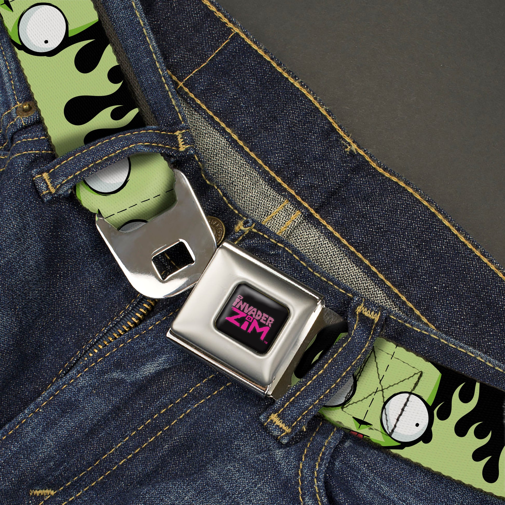 INVADER ZIM Title Logo Full Color Pink/Green Seatbelt Belt - Invader Zim GIR Face and Flames Black/Green Webbing Seatbelt Belts Invader Zim