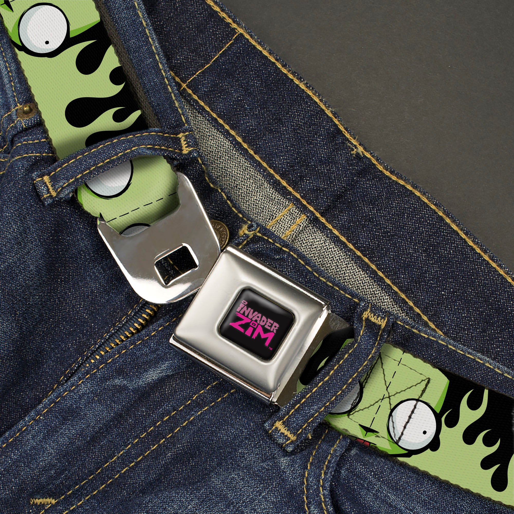 INVADER ZIM Title Logo Full Color Pink/Green Seatbelt Belt - Invader Zim GIR Face and Flames Black/Green Webbing Seatbelt Belts Invader Zim