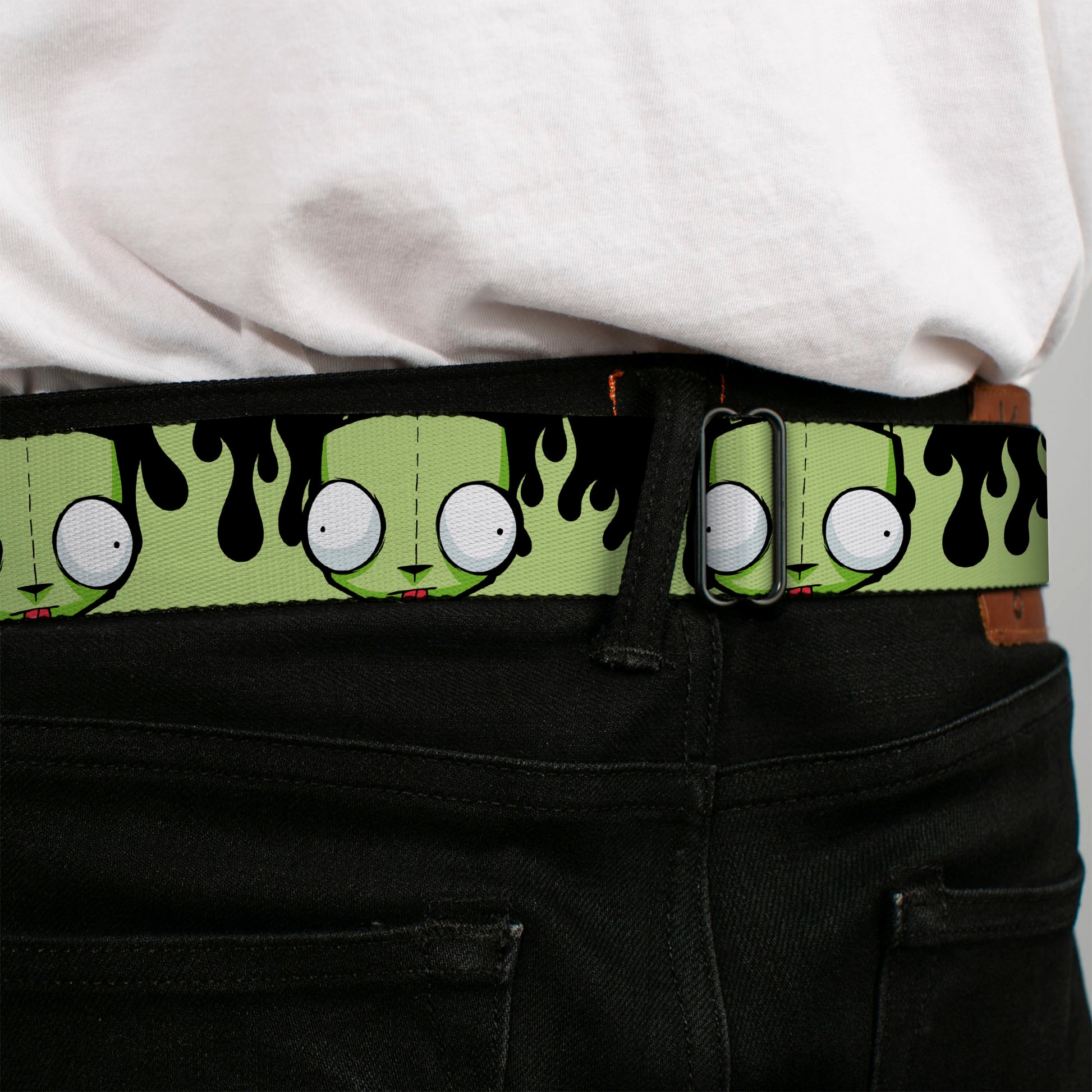 INVADER ZIM Title Logo Full Color Pink/Green Seatbelt Belt - Invader Zim GIR Face and Flames Black/Green Webbing Seatbelt Belts Invader Zim