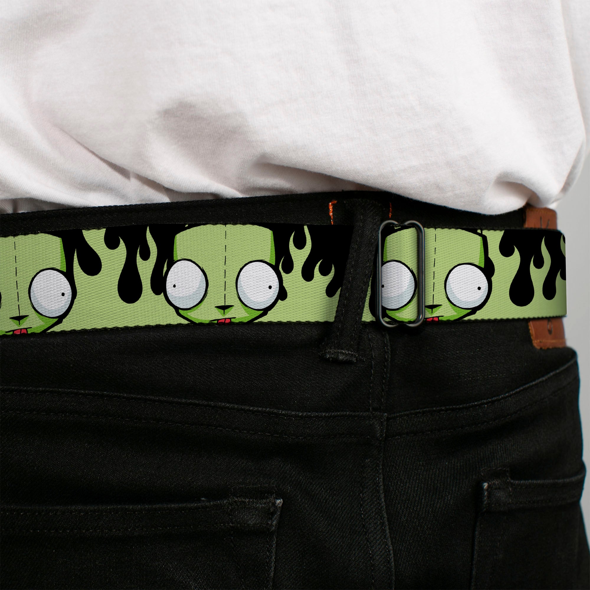 INVADER ZIM Title Logo Full Color Pink/Green Seatbelt Belt - Invader Zim GIR Face and Flames Black/Green Webbing Seatbelt Belts Invader Zim