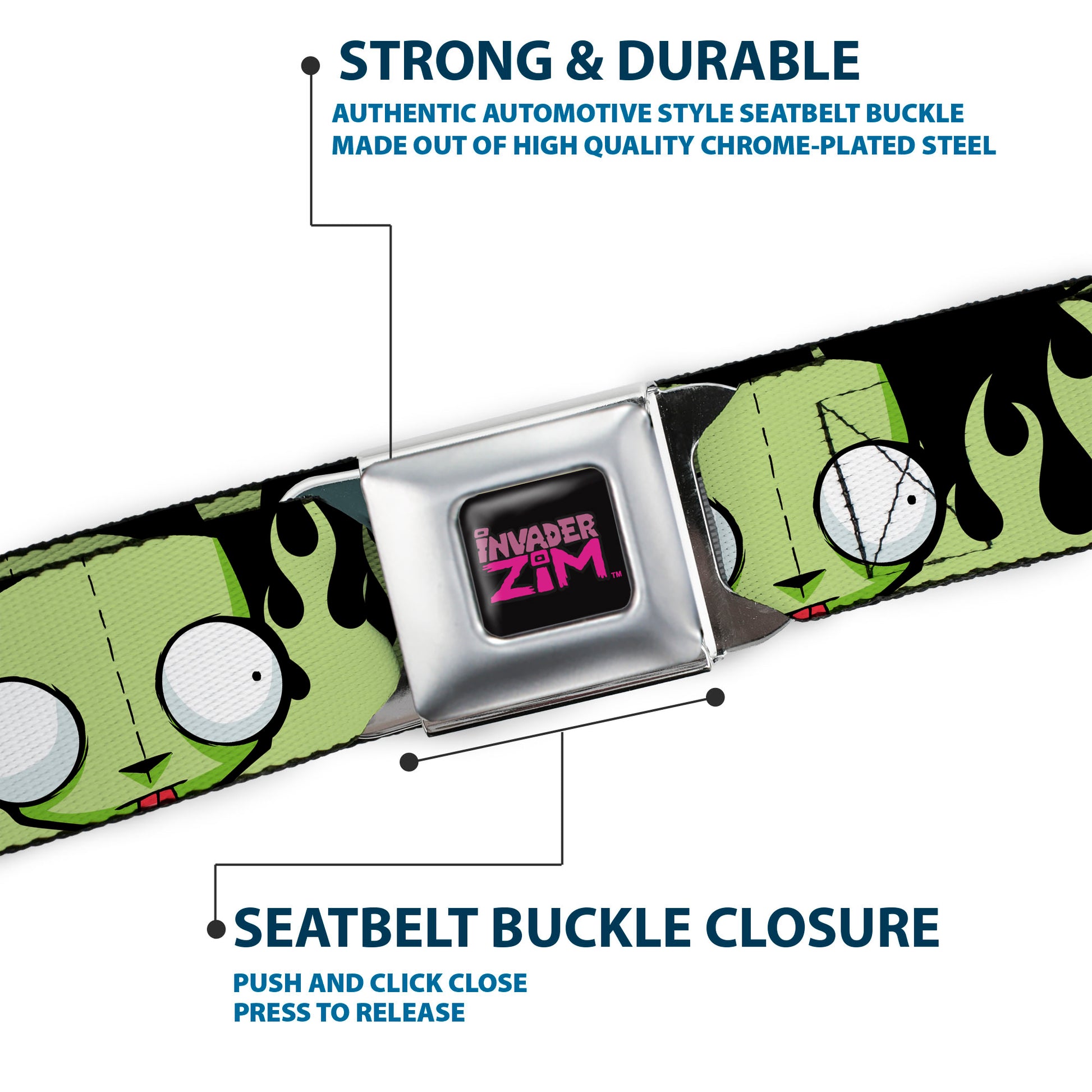 INVADER ZIM Title Logo Full Color Pink/Green Seatbelt Belt - Invader Zim GIR Face and Flames Black/Green Webbing Seatbelt Belts Invader Zim