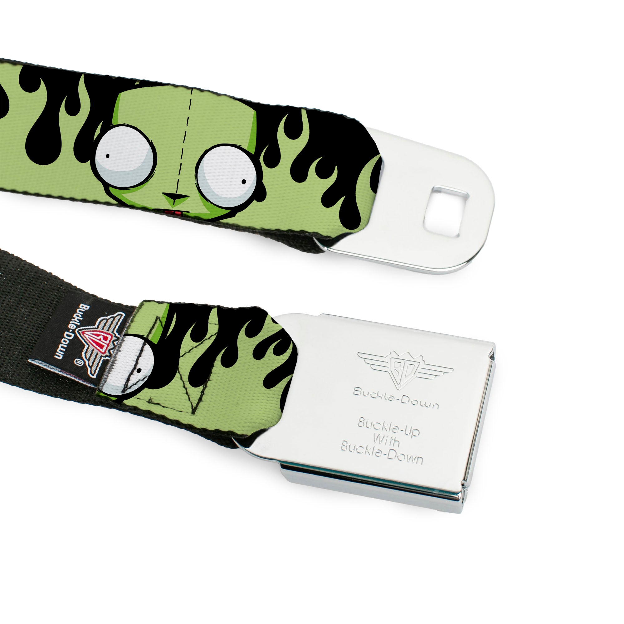 INVADER ZIM Title Logo Full Color Pink/Green Seatbelt Belt - Invader Zim GIR Face and Flames Black/Green Webbing Seatbelt Belts Invader Zim