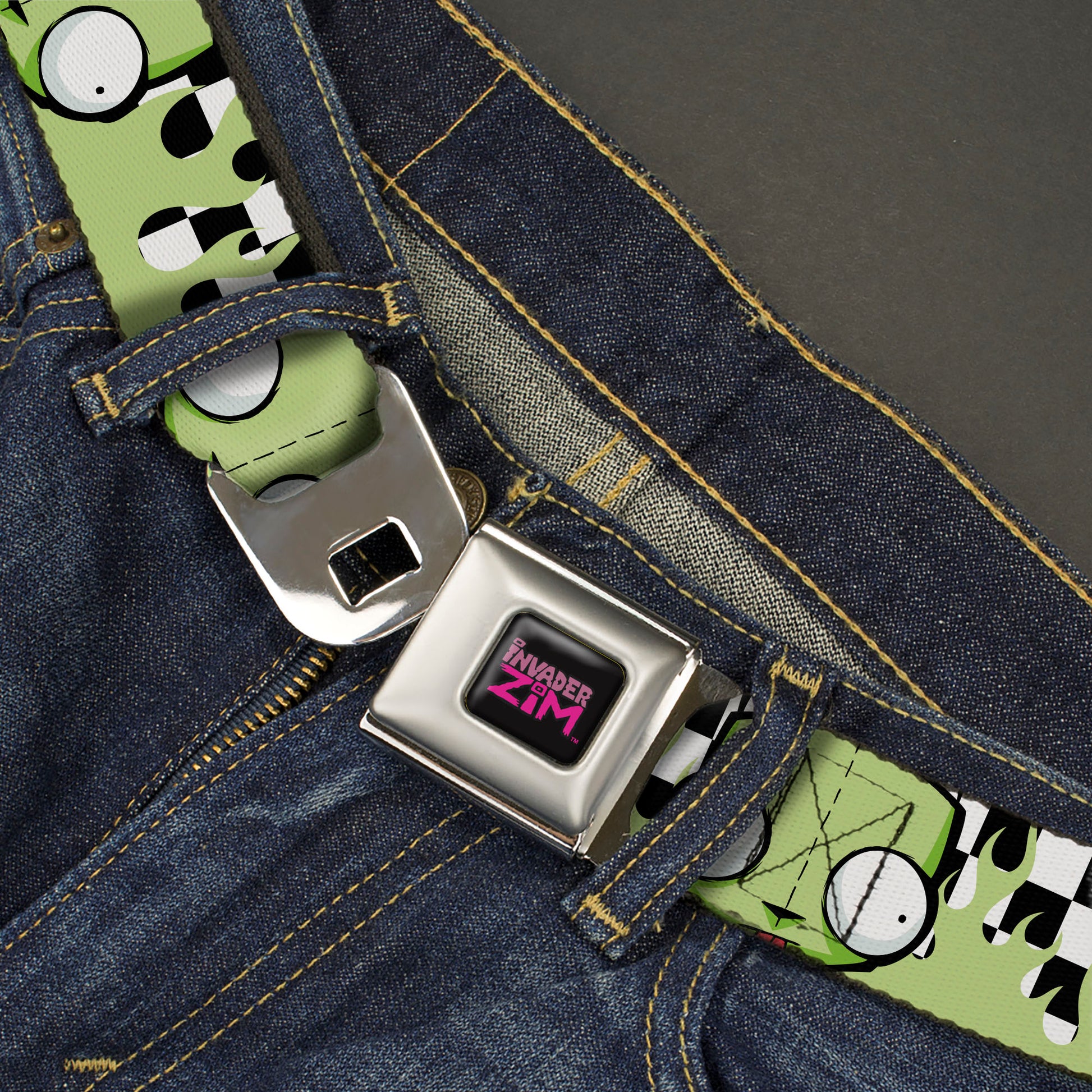 INVADER ZIM Title Logo Full Color Pink/Green Seatbelt Belt - Invader Zim GIR Face and Checker Flames Black/White/Green Webbing Seatbelt Belts Invader Zim