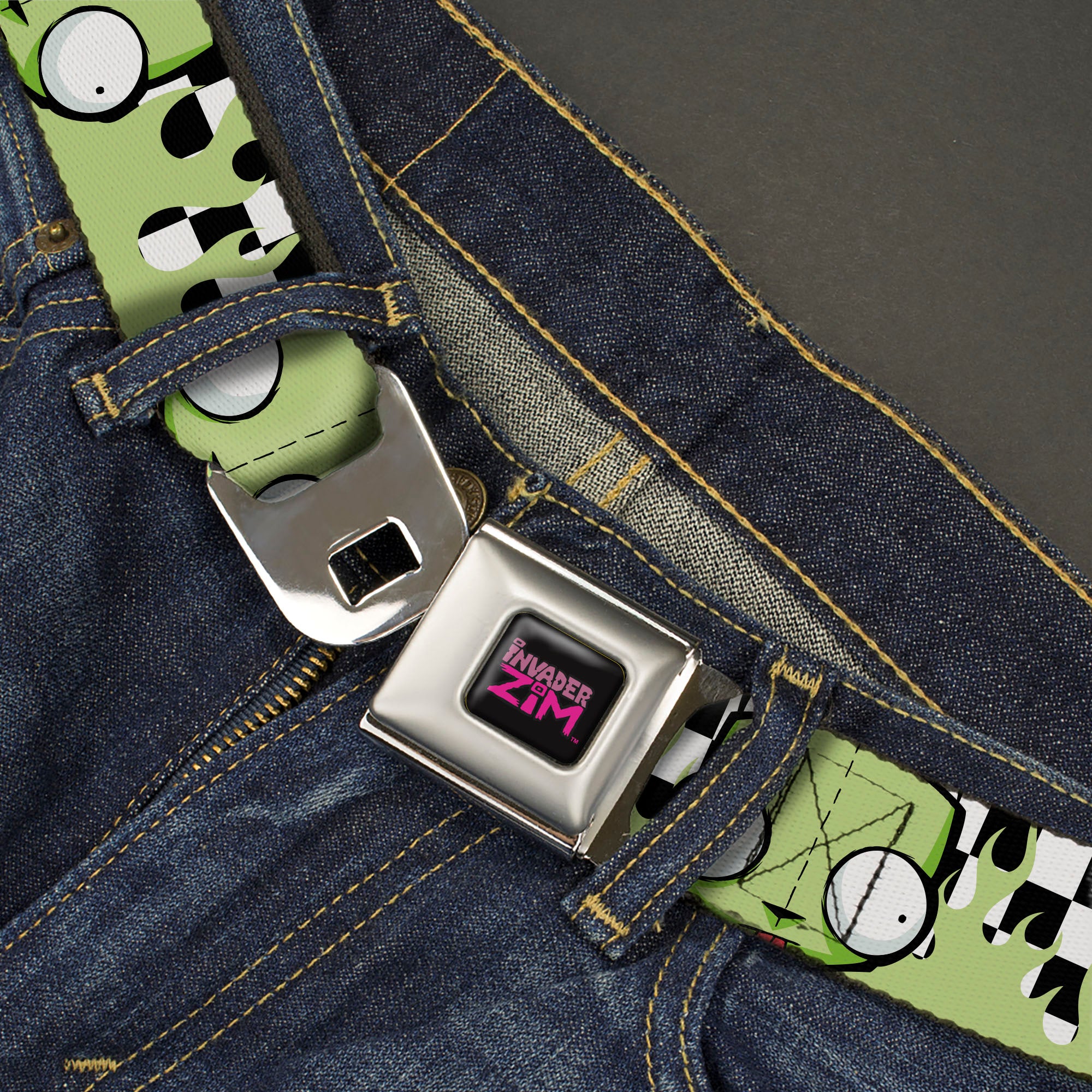 INVADER ZIM Title Logo Full Color Pink/Green Seatbelt Belt - Invader Zim GIR Face and Checker Flames Black/White/Green Webbing Seatbelt Belts Invader Zim