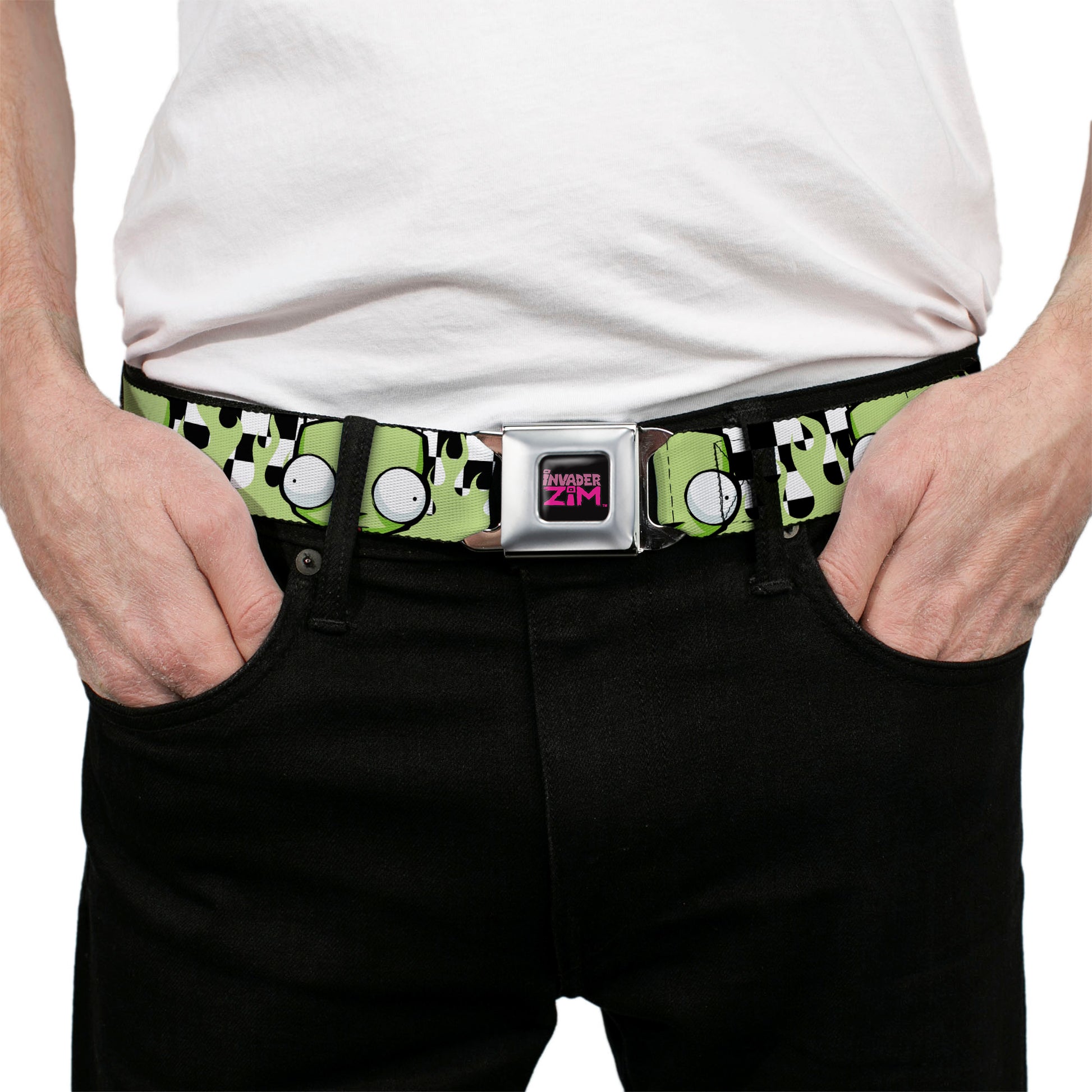 INVADER ZIM Title Logo Full Color Pink/Green Seatbelt Belt - Invader Zim GIR Face and Checker Flames Black/White/Green Webbing Seatbelt Belts Invader Zim