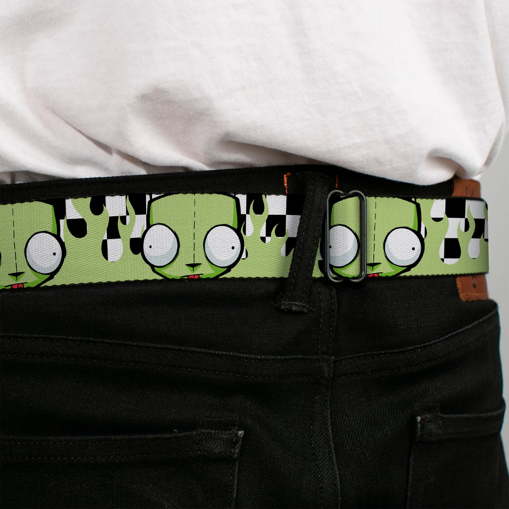 INVADER ZIM Title Logo Full Color Pink/Green Seatbelt Belt - Invader Zim GIR Face and Checker Flames Black/White/Green Webbing Seatbelt Belts Invader Zim
