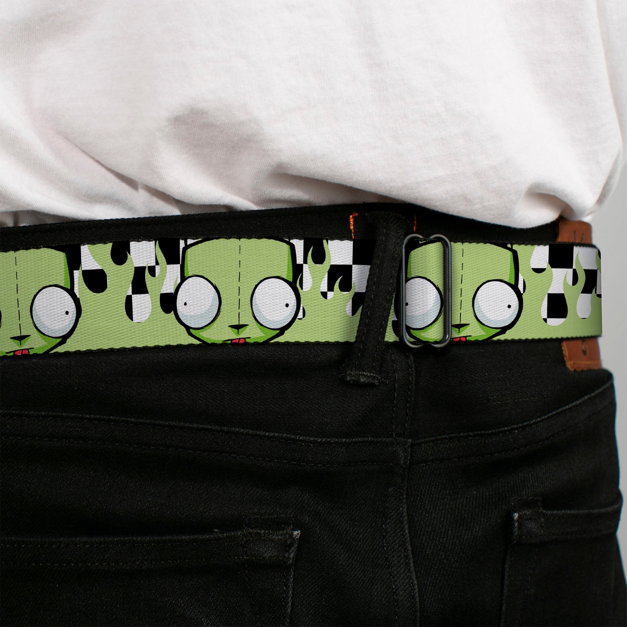 INVADER ZIM Title Logo Full Color Pink/Green Seatbelt Belt - Invader Zim GIR Face and Checker Flames Black/White/Green Webbing Seatbelt Belts Invader Zim