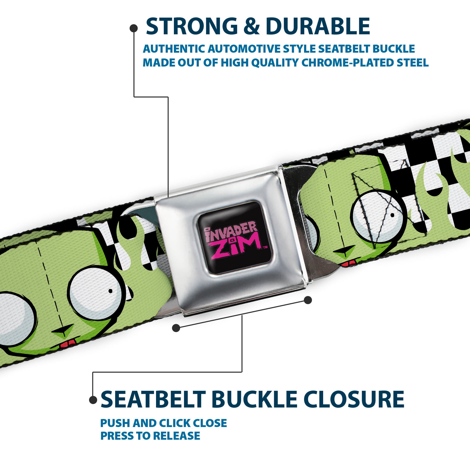 INVADER ZIM Title Logo Full Color Pink/Green Seatbelt Belt - Invader Zim GIR Face and Checker Flames Black/White/Green Webbing Seatbelt Belts Invader Zim
