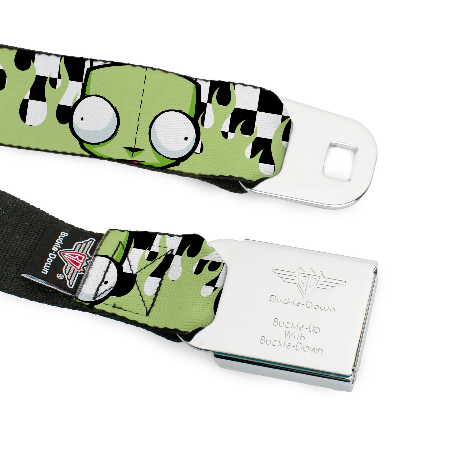 INVADER ZIM Title Logo Full Color Pink/Green Seatbelt Belt - Invader Zim GIR Face and Checker Flames Black/White/Green Webbing Seatbelt Belts Invader Zim