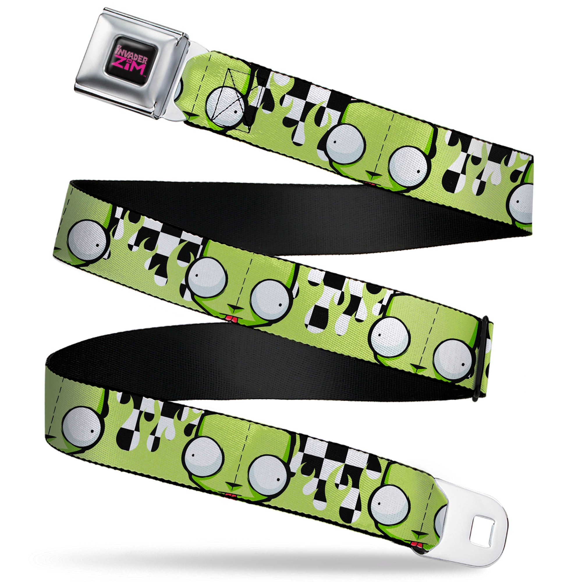 INVADER ZIM Title Logo Full Color Pink/Green Seatbelt Belt - Invader Zim GIR Face and Checker Flames Black/White/Green Webbing Seatbelt Belts Invader Zim