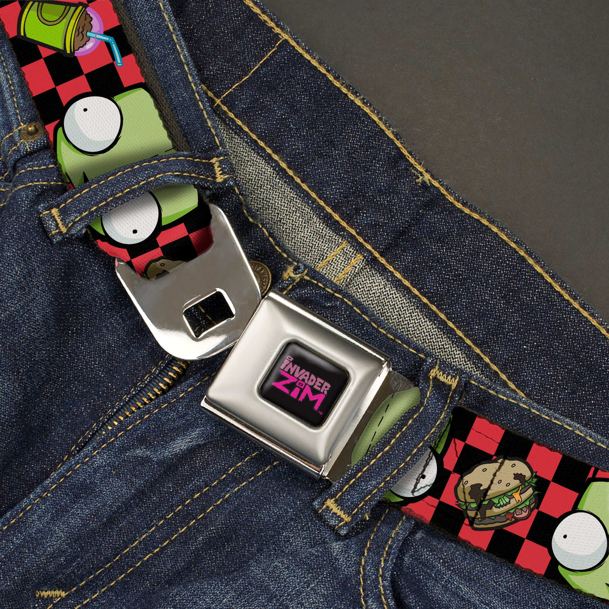 INVADER ZIM Title Logo Full Color Pink/Green Seatbelt Belt - Invader Zim GIR Face and Food Icons Checker Black/Hot Pink Webbing Seatbelt Belts Invader Zim
