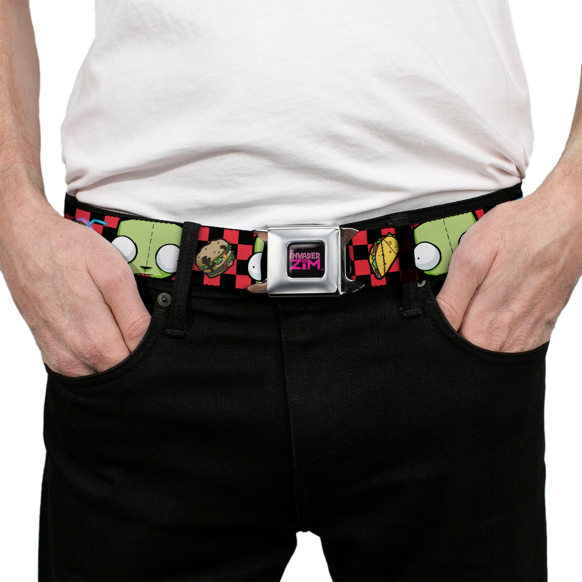 INVADER ZIM Title Logo Full Color Pink/Green Seatbelt Belt - Invader Zim GIR Face and Food Icons Checker Black/Hot Pink Webbing Seatbelt Belts Invader Zim