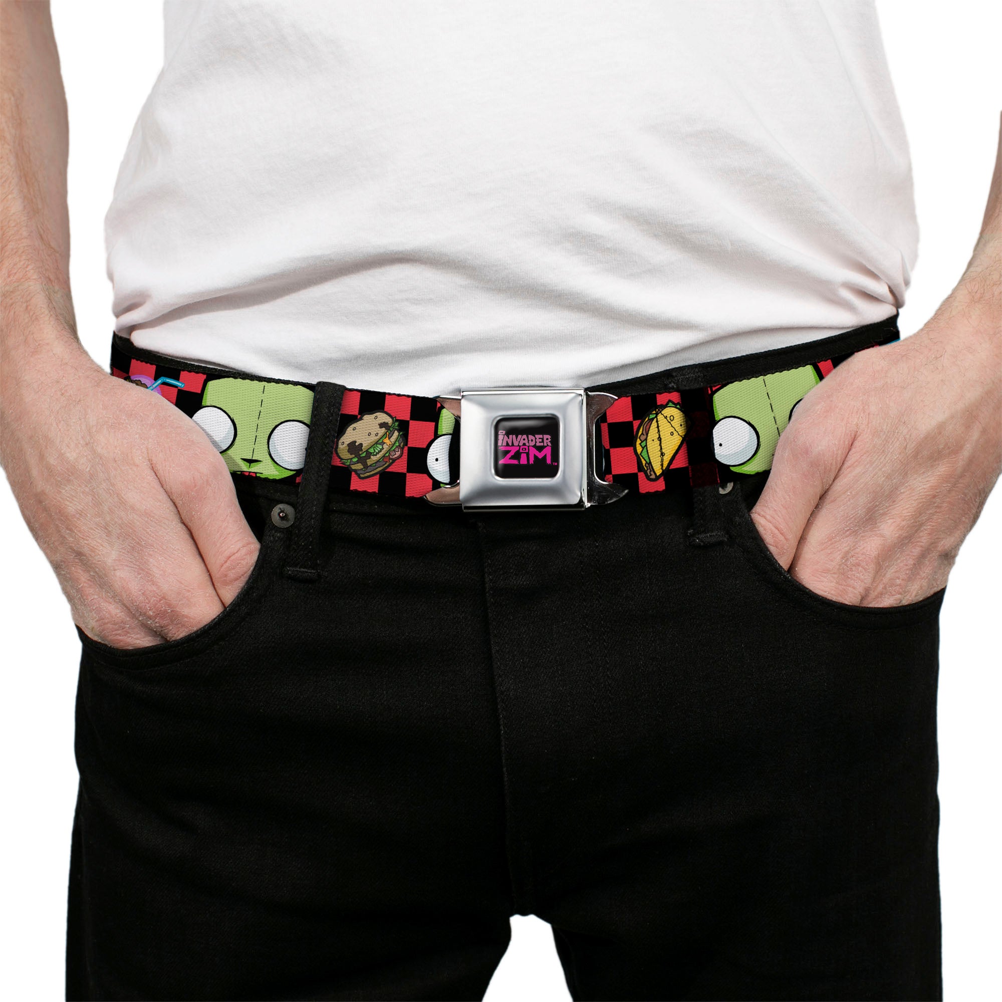 INVADER ZIM Title Logo Full Color Pink/Green Seatbelt Belt - Invader Zim GIR Face and Food Icons Checker Black/Hot Pink Webbing Seatbelt Belts Invader Zim