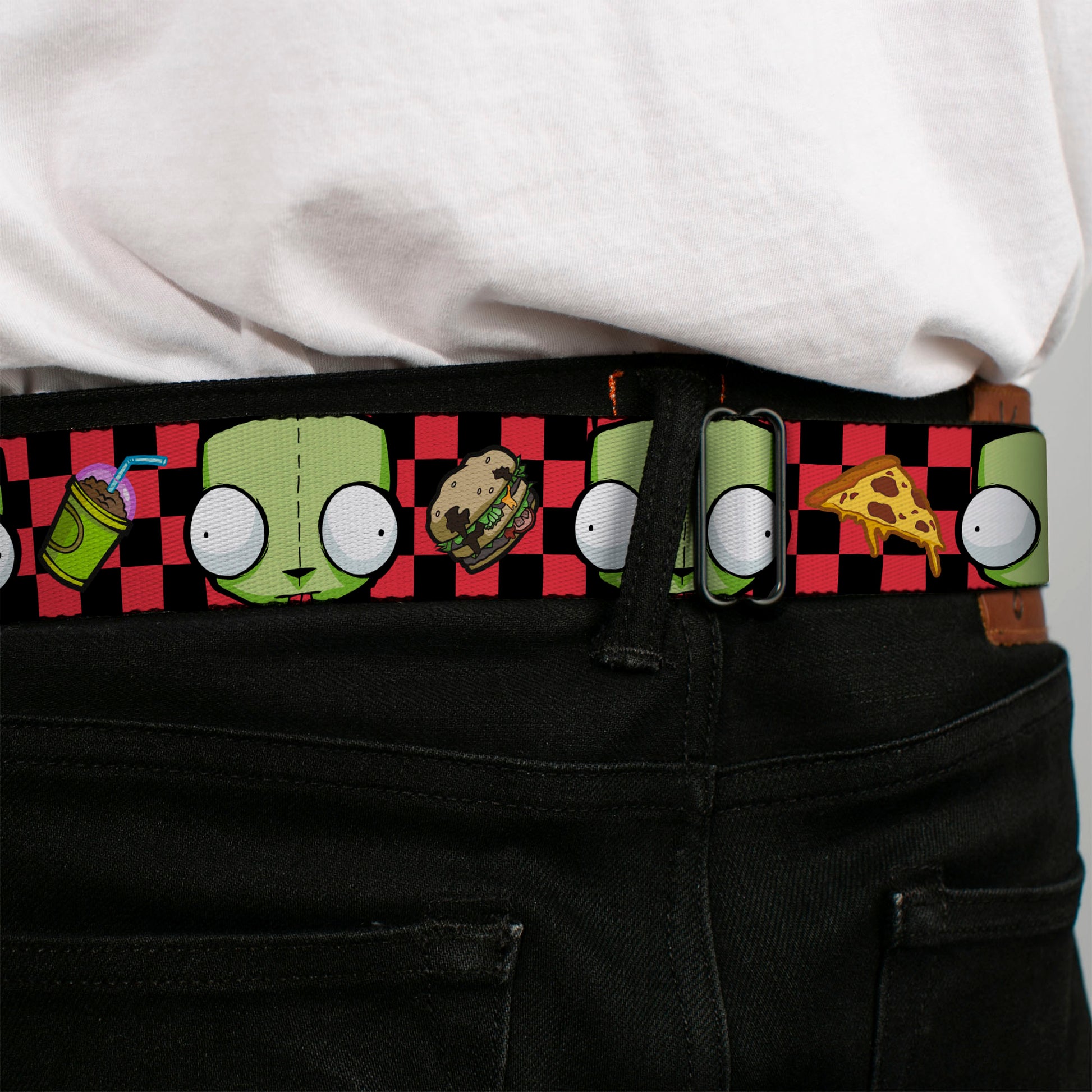 INVADER ZIM Title Logo Full Color Pink/Green Seatbelt Belt - Invader Zim GIR Face and Food Icons Checker Black/Hot Pink Webbing Seatbelt Belts Invader Zim