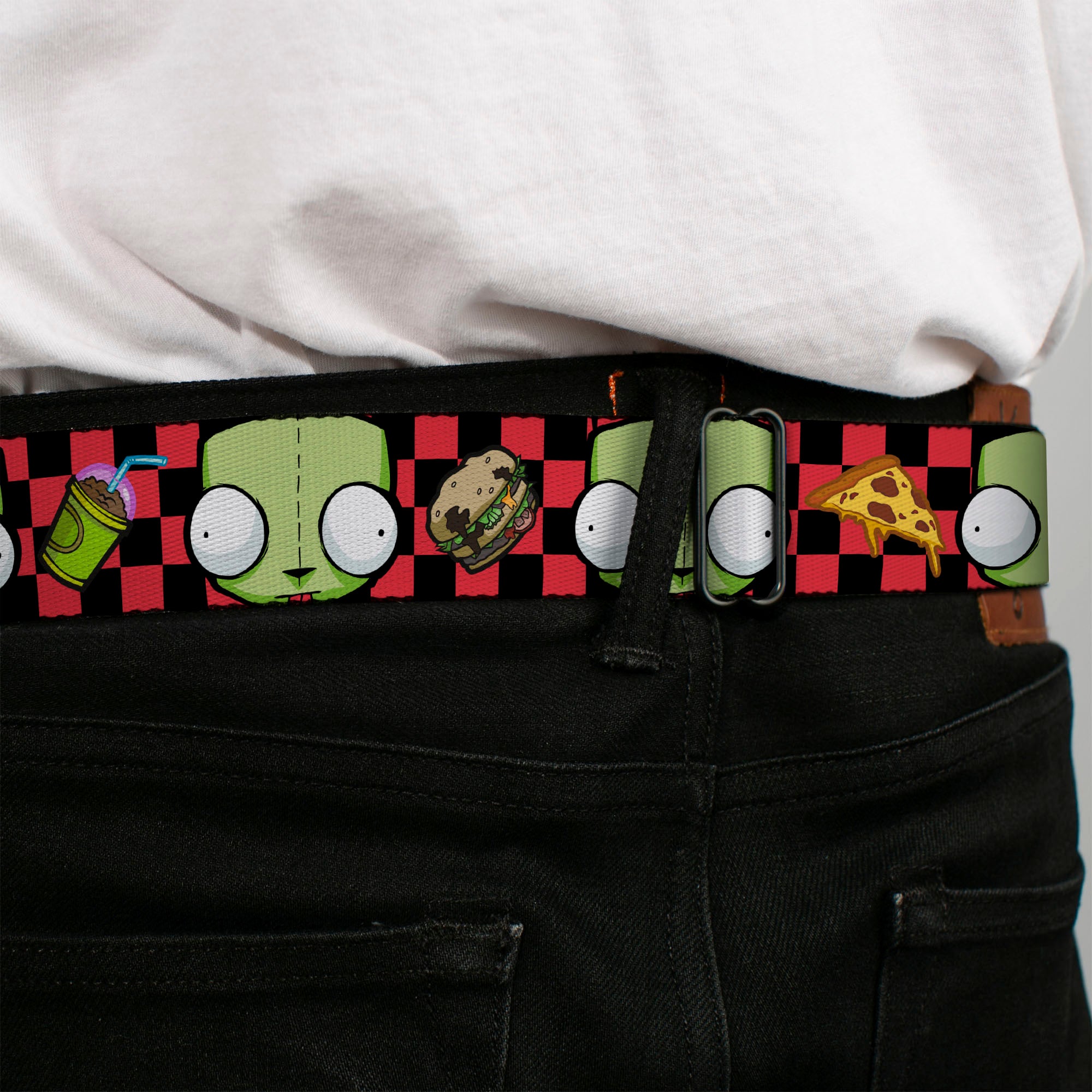 INVADER ZIM Title Logo Full Color Pink/Green Seatbelt Belt - Invader Zim GIR Face and Food Icons Checker Black/Hot Pink Webbing Seatbelt Belts Invader Zim
