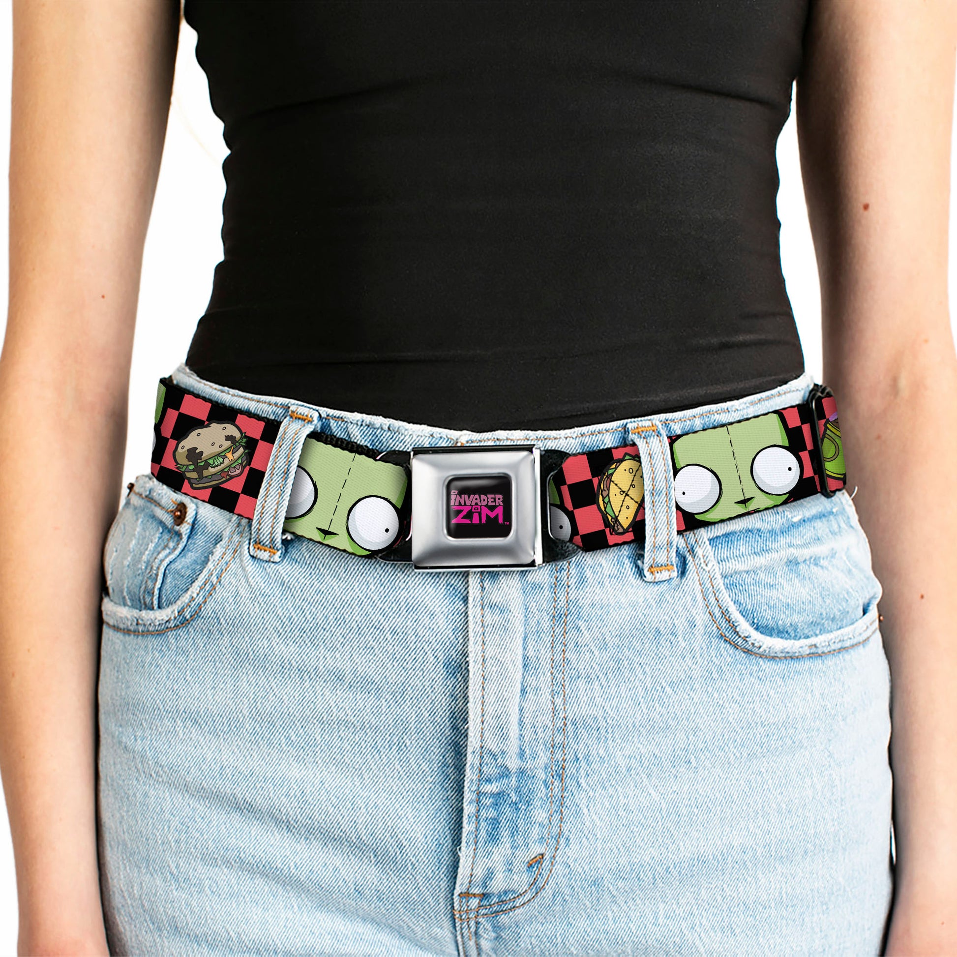 INVADER ZIM Title Logo Full Color Pink/Green Seatbelt Belt - Invader Zim GIR Face and Food Icons Checker Black/Hot Pink Webbing Seatbelt Belts Invader Zim