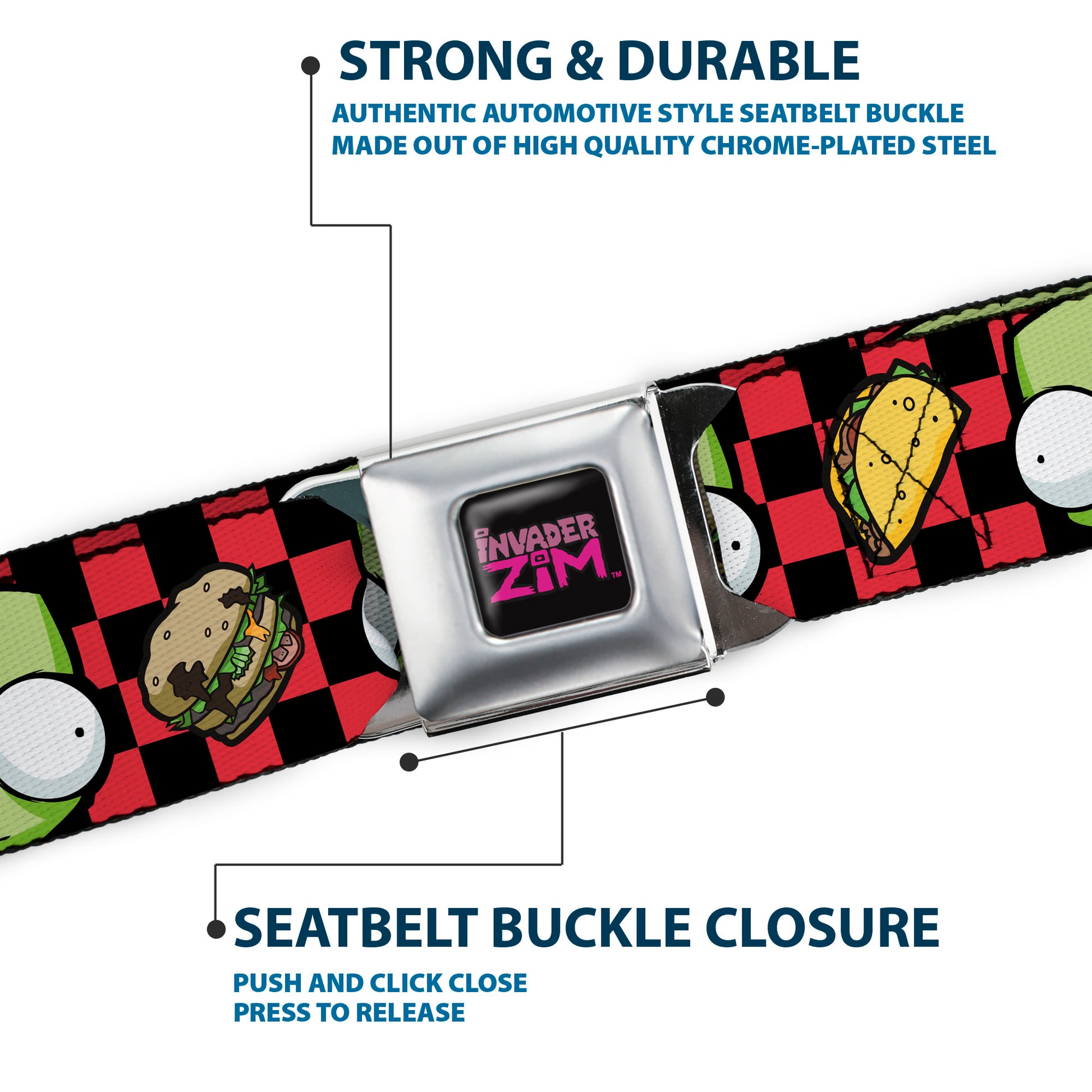 INVADER ZIM Title Logo Full Color Pink/Green Seatbelt Belt - Invader Zim GIR Face and Food Icons Checker Black/Hot Pink Webbing Seatbelt Belts Invader Zim
