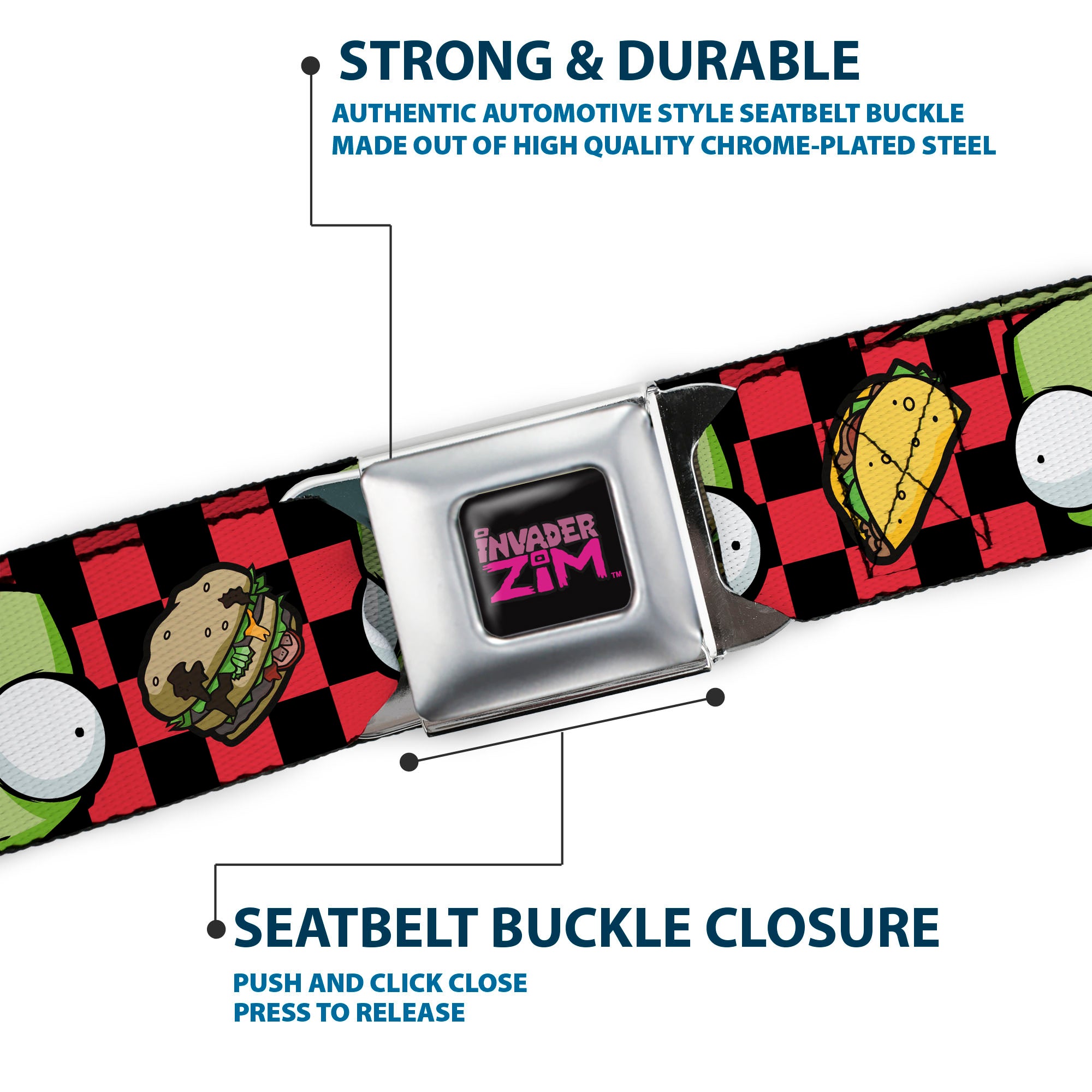 INVADER ZIM Title Logo Full Color Pink/Green Seatbelt Belt - Invader Zim GIR Face and Food Icons Checker Black/Hot Pink Webbing Seatbelt Belts Invader Zim