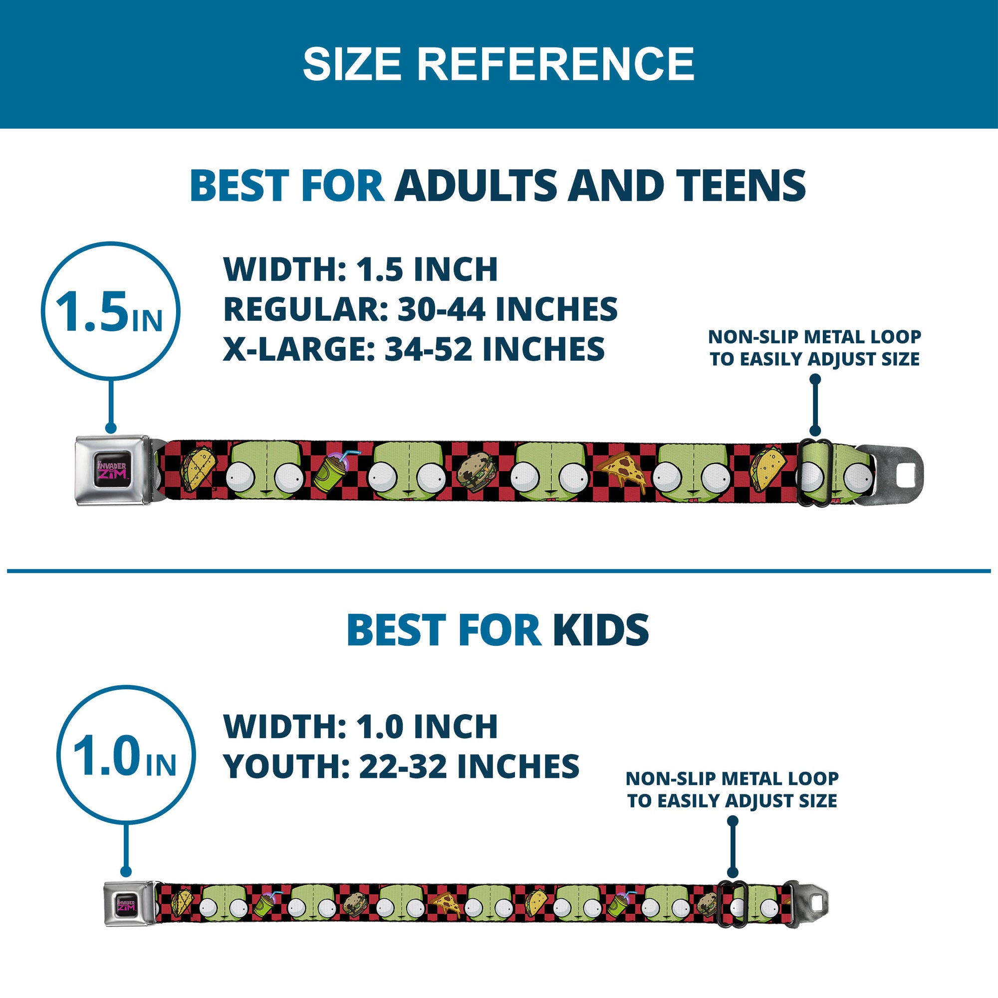 INVADER ZIM Title Logo Full Color Pink/Green Seatbelt Belt - Invader Zim GIR Face and Food Icons Checker Black/Hot Pink Webbing Seatbelt Belts Invader Zim