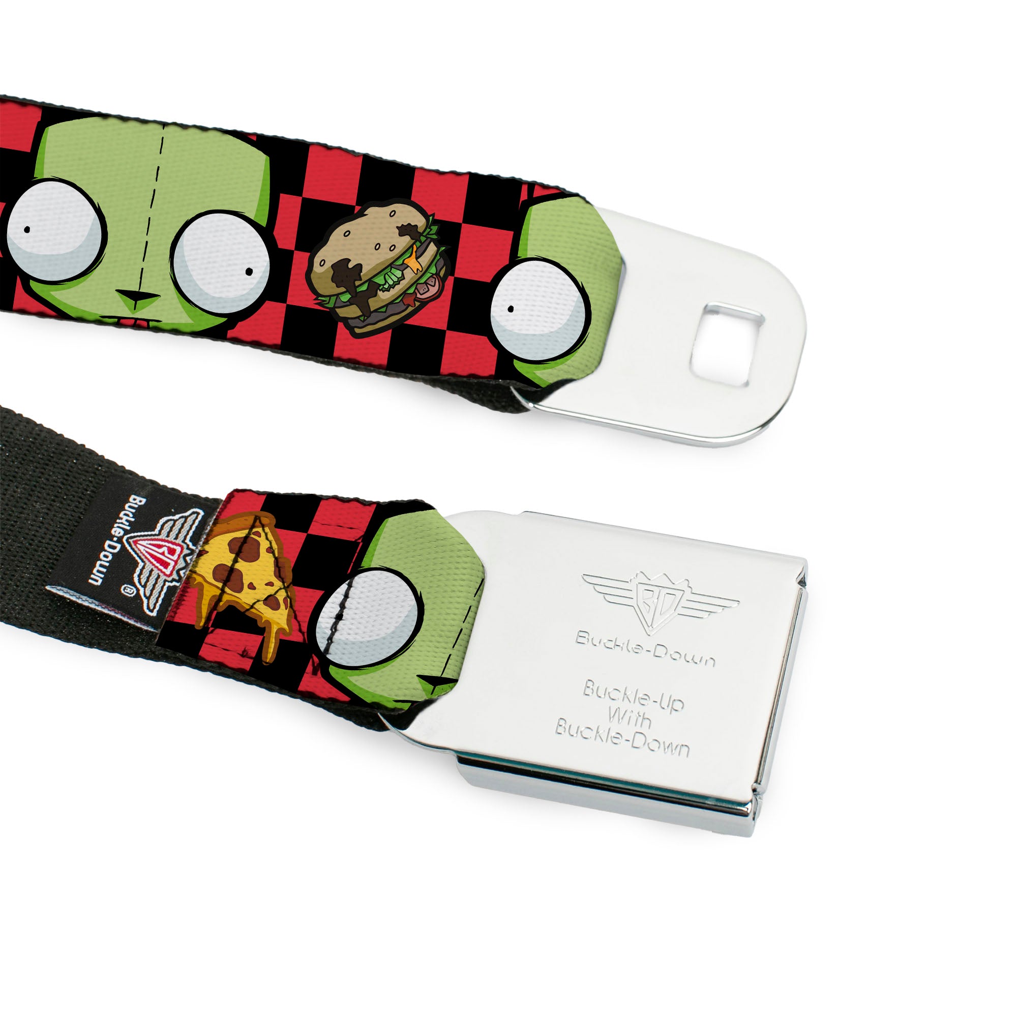 INVADER ZIM Title Logo Full Color Pink/Green Seatbelt Belt - Invader Zim GIR Face and Food Icons Checker Black/Hot Pink Webbing Seatbelt Belts Invader Zim