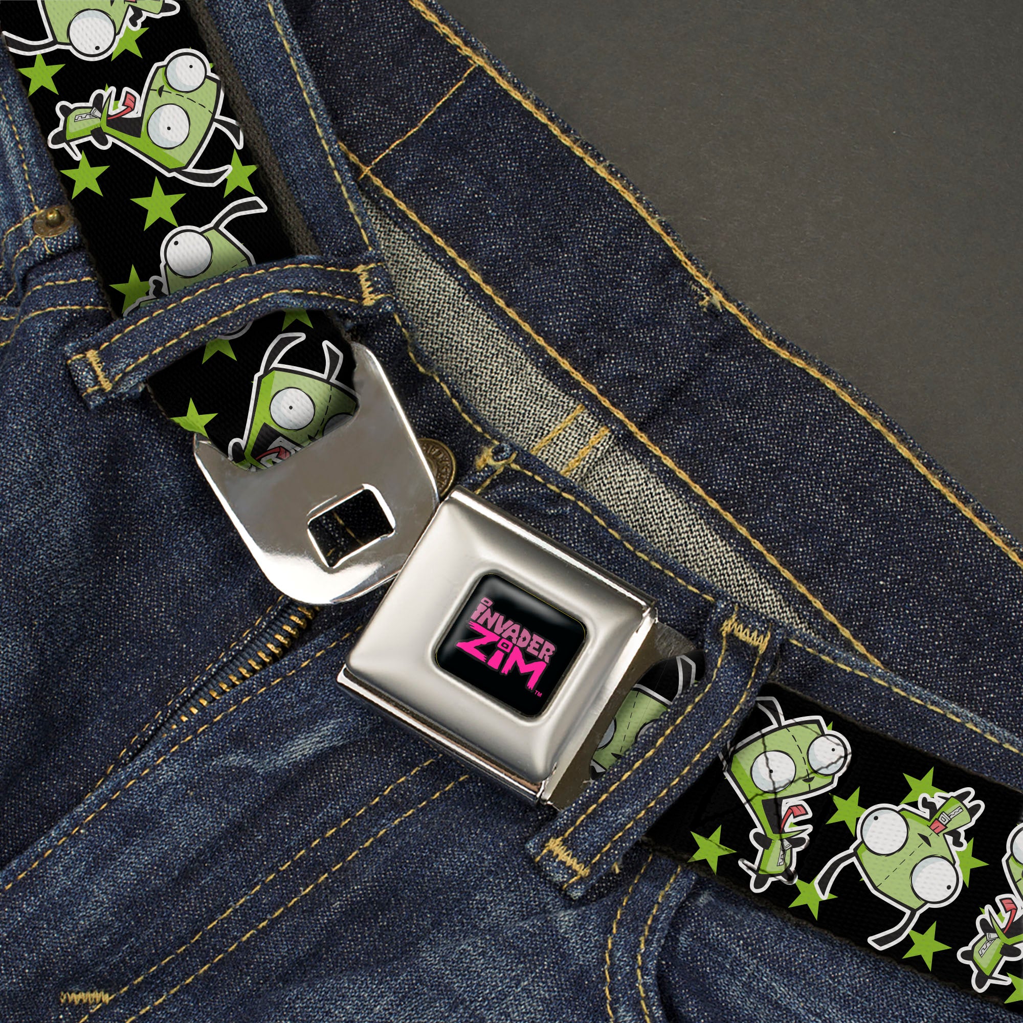 INVADER ZIM Title Logo Full Color Pink/Green Seatbelt Belt - Invader Zim GIR Poses and Stars Black/Green Webbing Seatbelt Belts Invader Zim