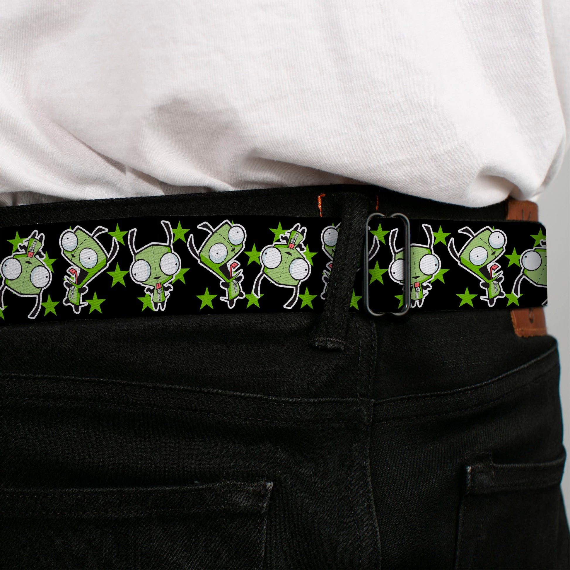 INVADER ZIM Title Logo Full Color Pink/Green Seatbelt Belt - Invader Zim GIR Poses and Stars Black/Green Webbing Seatbelt Belts Invader Zim