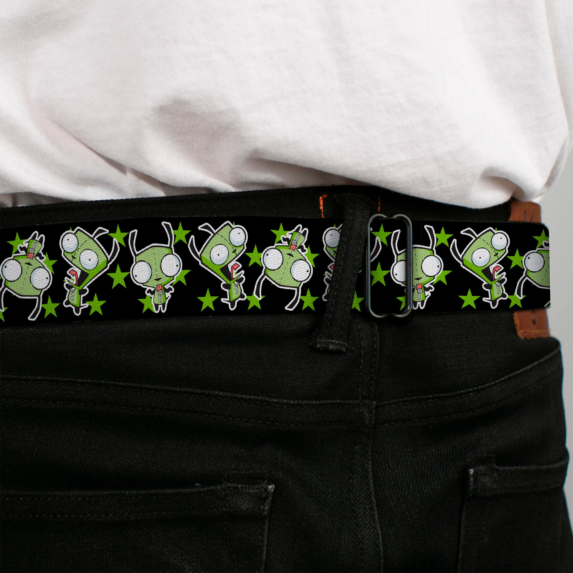 INVADER ZIM Title Logo Full Color Pink/Green Seatbelt Belt - Invader Zim GIR Poses and Stars Black/Green Webbing Seatbelt Belts Invader Zim