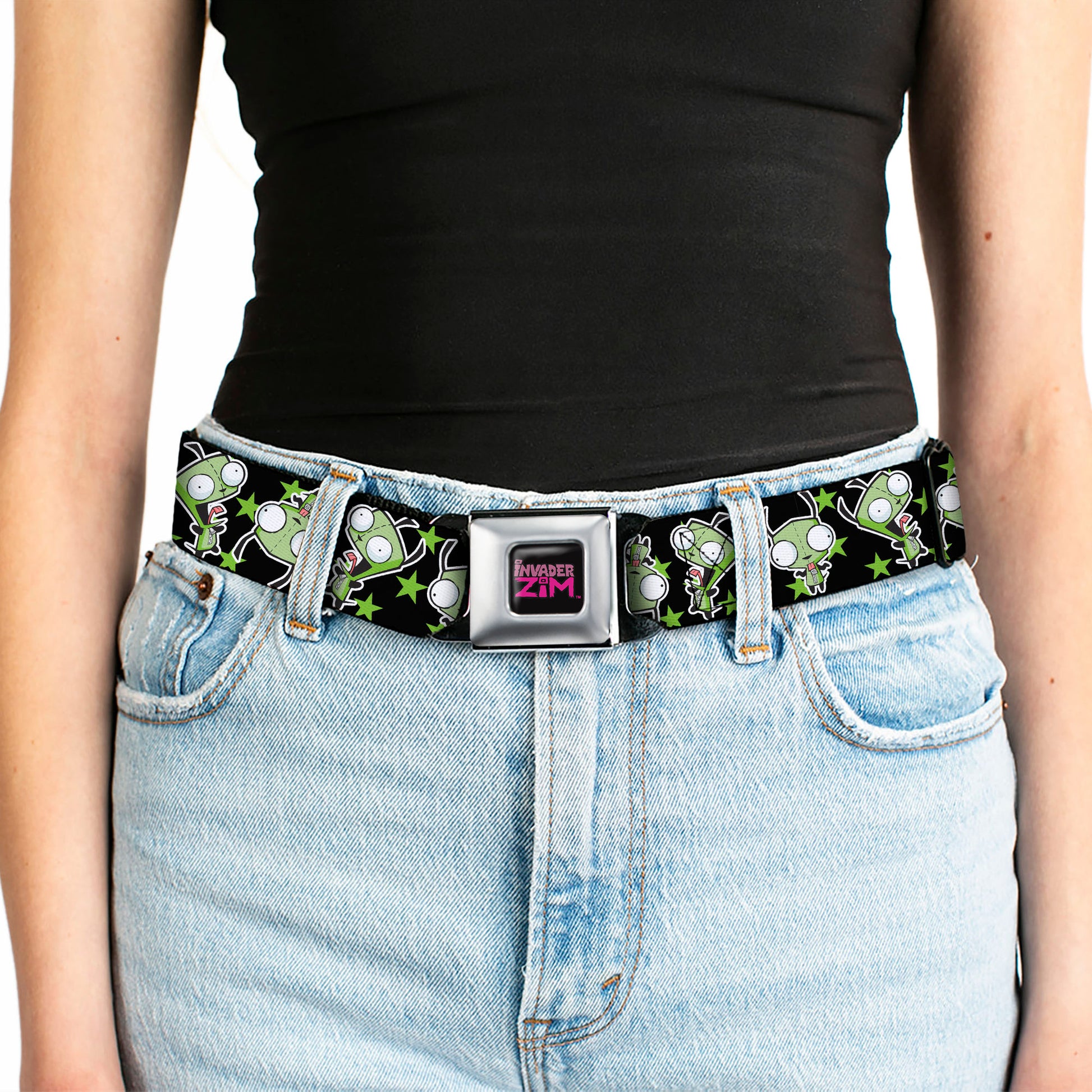 INVADER ZIM Title Logo Full Color Pink/Green Seatbelt Belt - Invader Zim GIR Poses and Stars Black/Green Webbing Seatbelt Belts Invader Zim