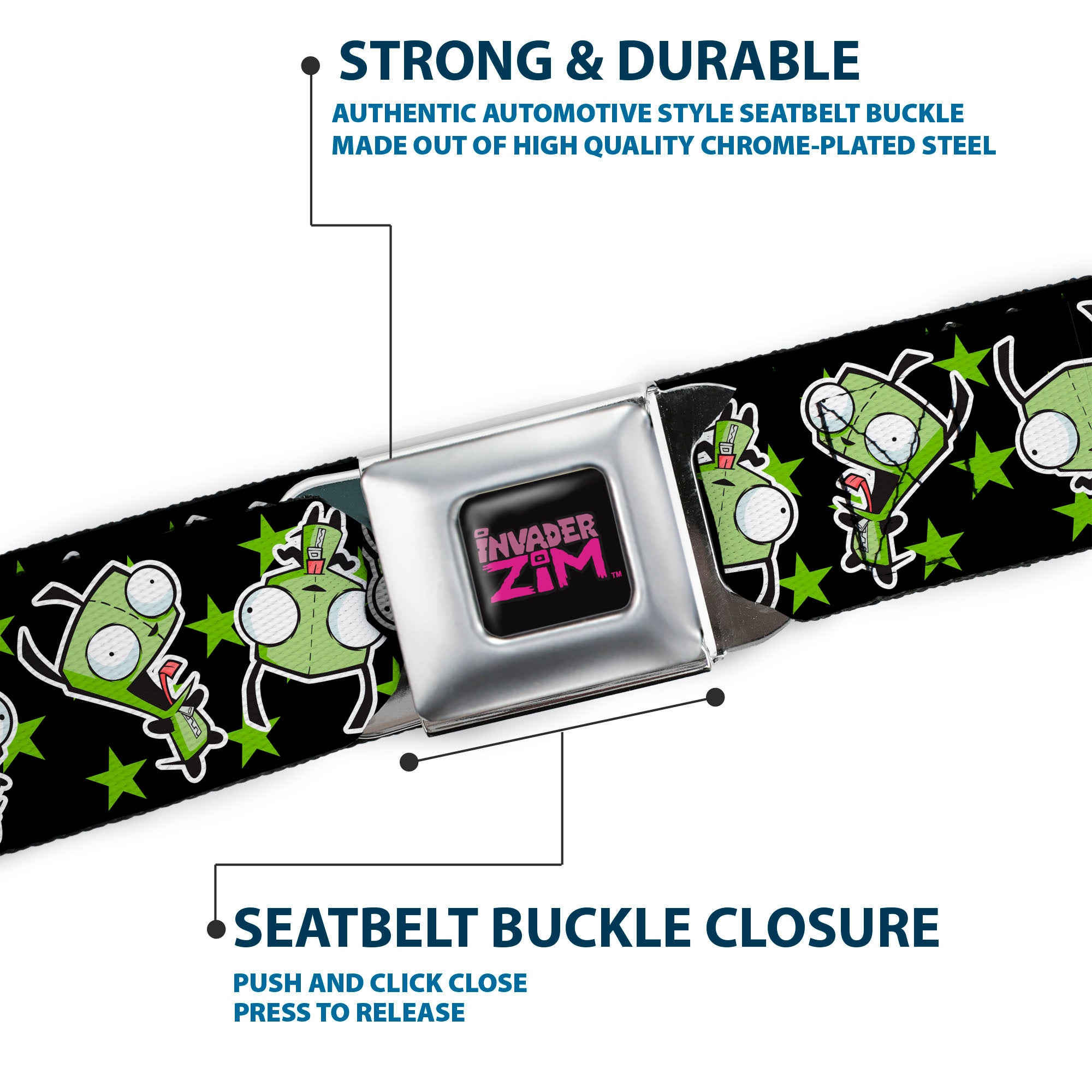 INVADER ZIM Title Logo Full Color Pink/Green Seatbelt Belt - Invader Zim GIR Poses and Stars Black/Green Webbing Seatbelt Belts Invader Zim