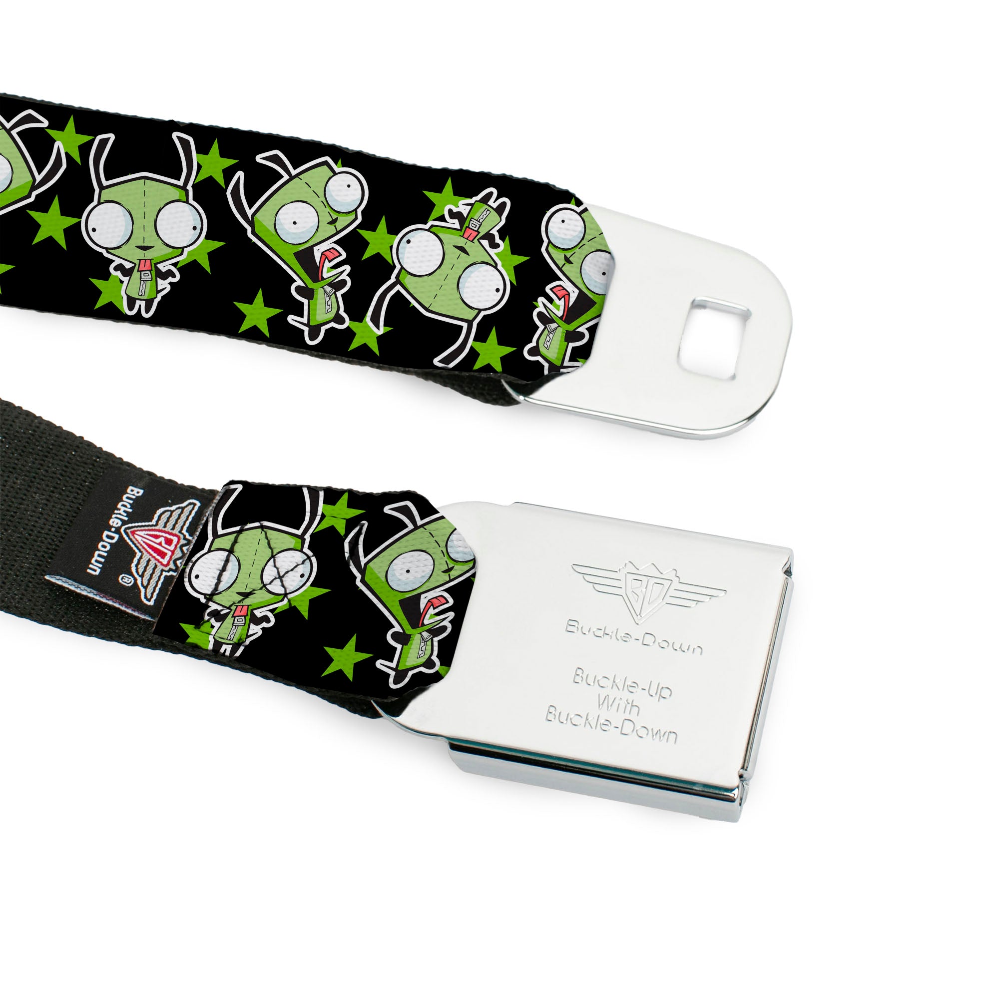 INVADER ZIM Title Logo Full Color Pink/Green Seatbelt Belt - Invader Zim GIR Poses and Stars Black/Green Webbing Seatbelt Belts Invader Zim